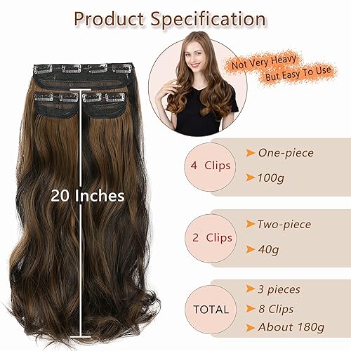 Miniatura 3 de Juego de 3 extensiones de cabello con pinzas, balayage, castaño oscuro medio a rubio ceniza pálido, 20 pulgadas, 6.35 oz, invisible, ondulado,