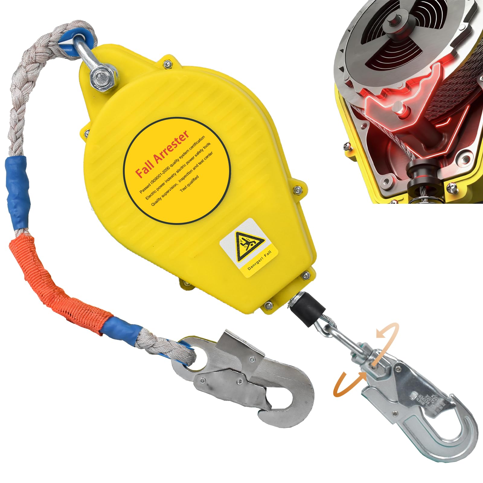 Höhensicherungsgerät Absturzsicherung 10m/15m/20m, Absturzsicherung Dachdecker 150kg, Fallschutz Auffanggurt Absturzsicherung Einziehbar mit 360° Selbstsicherndem Haken(Gelb,10m)