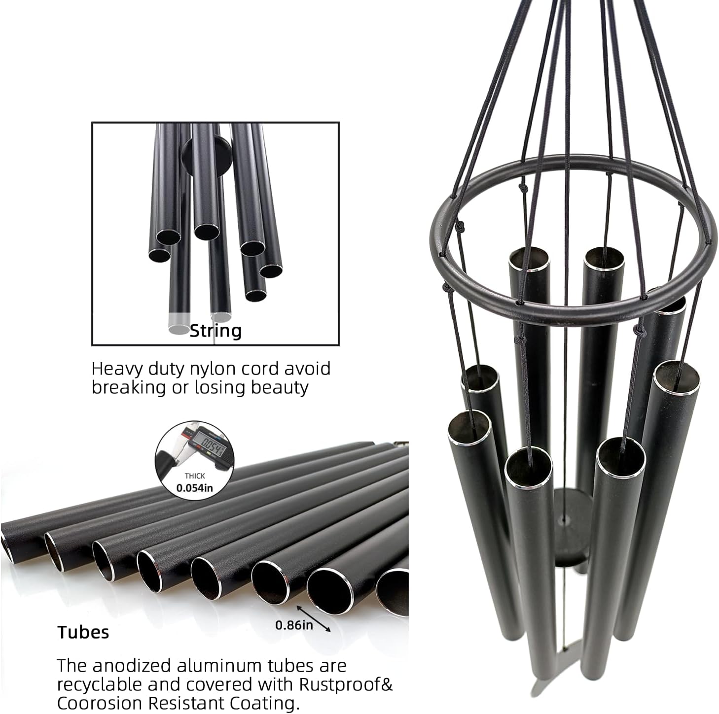 Personalized Engrave Wind Chimes for Outside 36” Black, Custom Gift for Many Occasions, Retirement, Wedding, Sympathy, Pet, Housewarming.Various Design Offered.