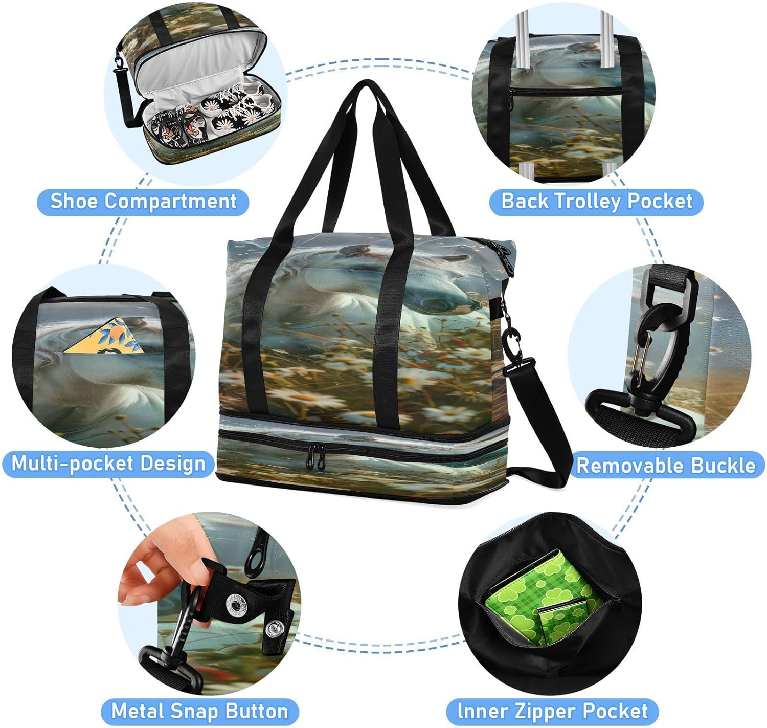 Funny White Pony Gym Bag - Weekender Overnight Bags for Women Men, Sport Travel Duffel Bag with Wet Pocket & Shoe Compartment
