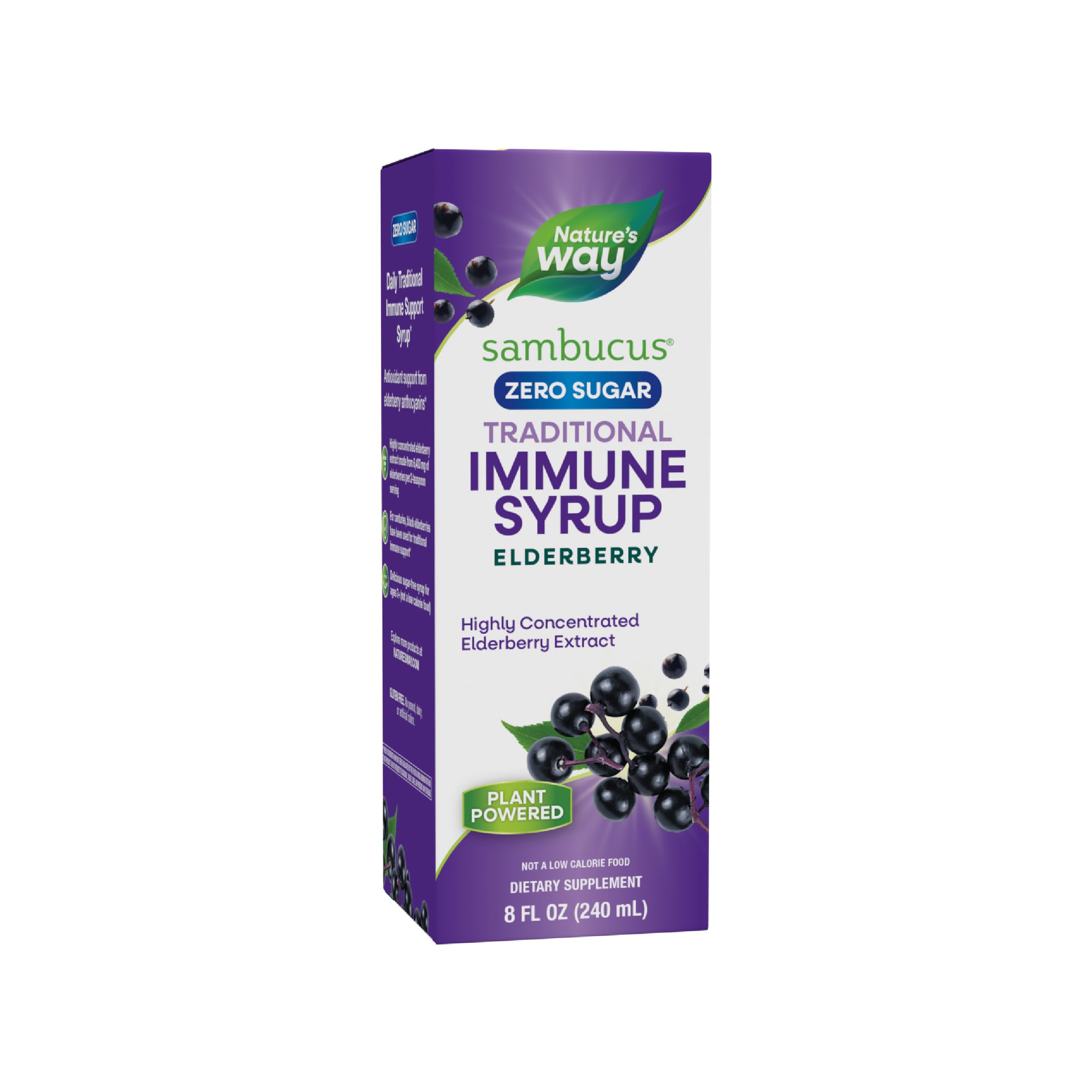 Nature’s Way Sambucus Zero Sugar Traditional Immune Syrup, Highly Concentrated Black Elderberry Extract, Traditional Immune Support*, Sugar-Free, Berry Flavored, 8 Fl Oz (Packaging May Vary)