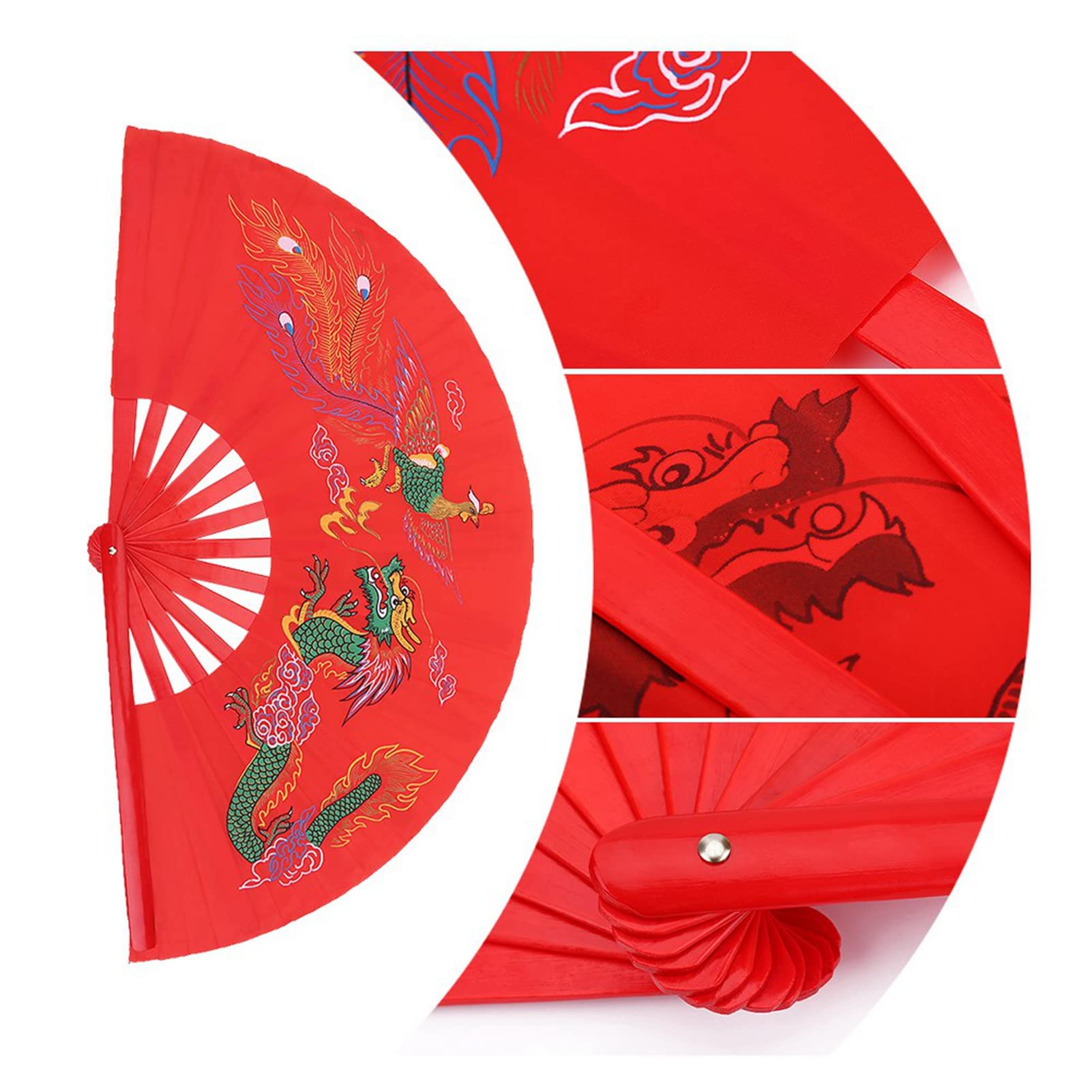 Jauarta Red Tai Chi Martial Arts Tai Chi Martial Arts, Chinese Kung Fu Tai Chi Fan, Handheld Martial Arts Dance Bamboo Fan Dragon, Phoenix Folding Hand Fan for Men or Women Bamboo Fan