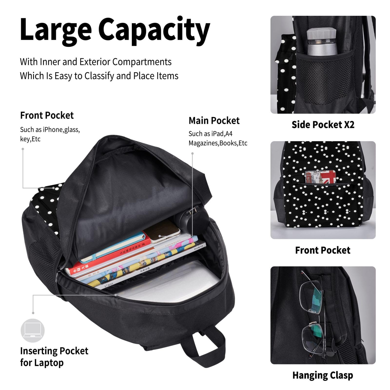 Juego de 3 mochilas escolares con estampado de lunares blancos y negros, mochila para laptop de gran capacidad resistente al agua con bolsa de almuerzo aislada y estuche para lápices para