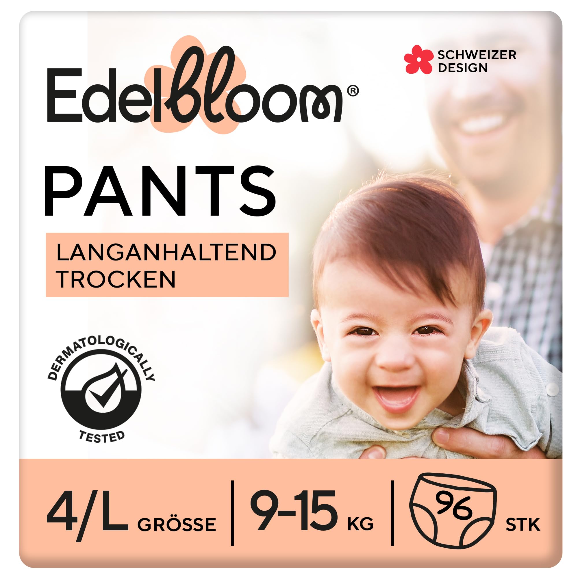 Edelbloom Premium 96 Windelhöschen Größe 4 (9–15 kg), Ultra-Saugfähig & Atmungsaktiv, Hypoallergen, Extra Weich & Sanft für Babys, Dermatologisch Getestet, Sicherer Auslaufschutz, Für Tag & Nacht
