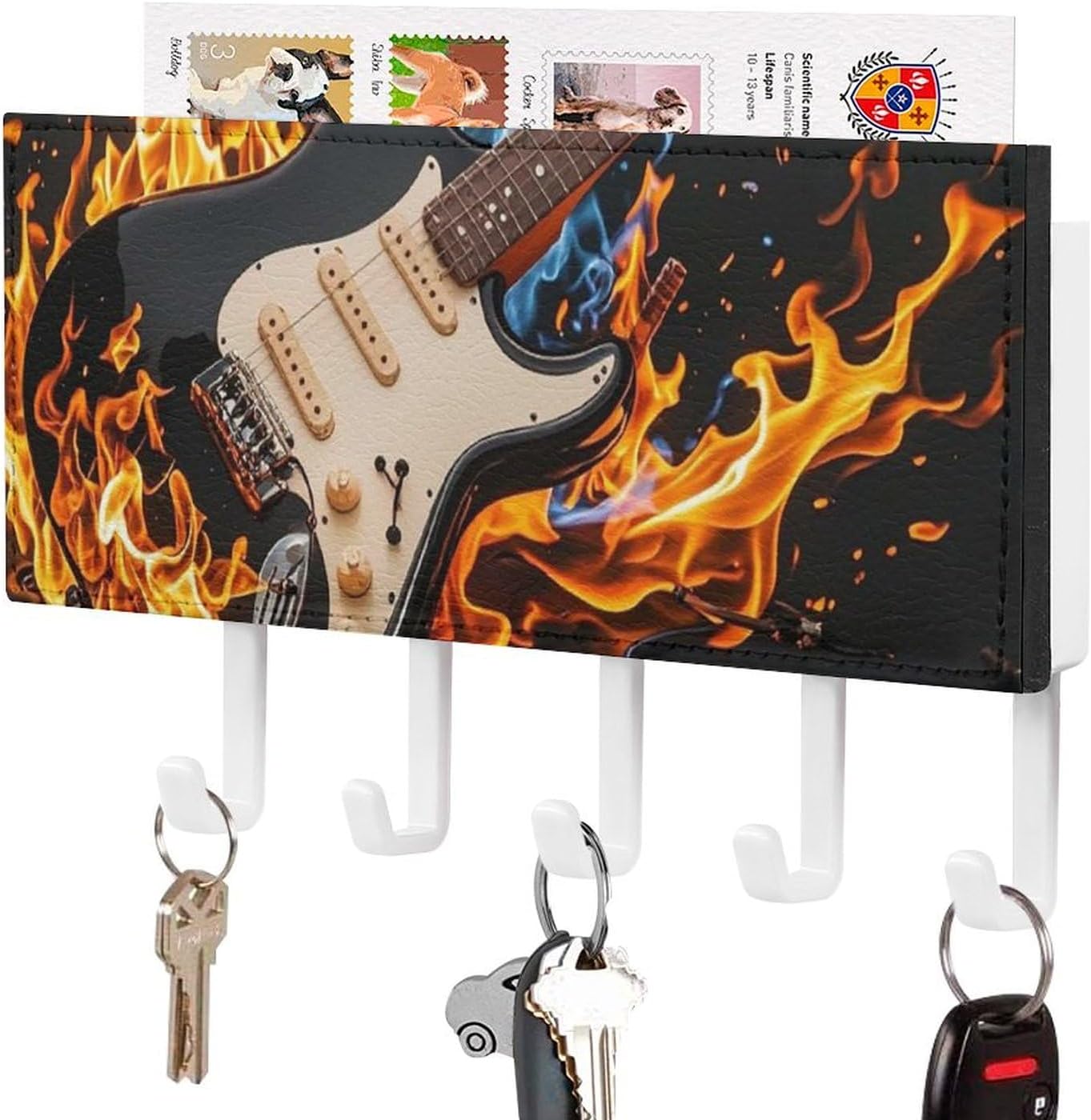 Electric Guitar Music Key Holder Wall Mount, Decorative PU Key Rack Hanger Holder with 5 Hooks, Key Hooks for Wall, Mail Organizer, Rustic Home Decor for Entryway Living Room