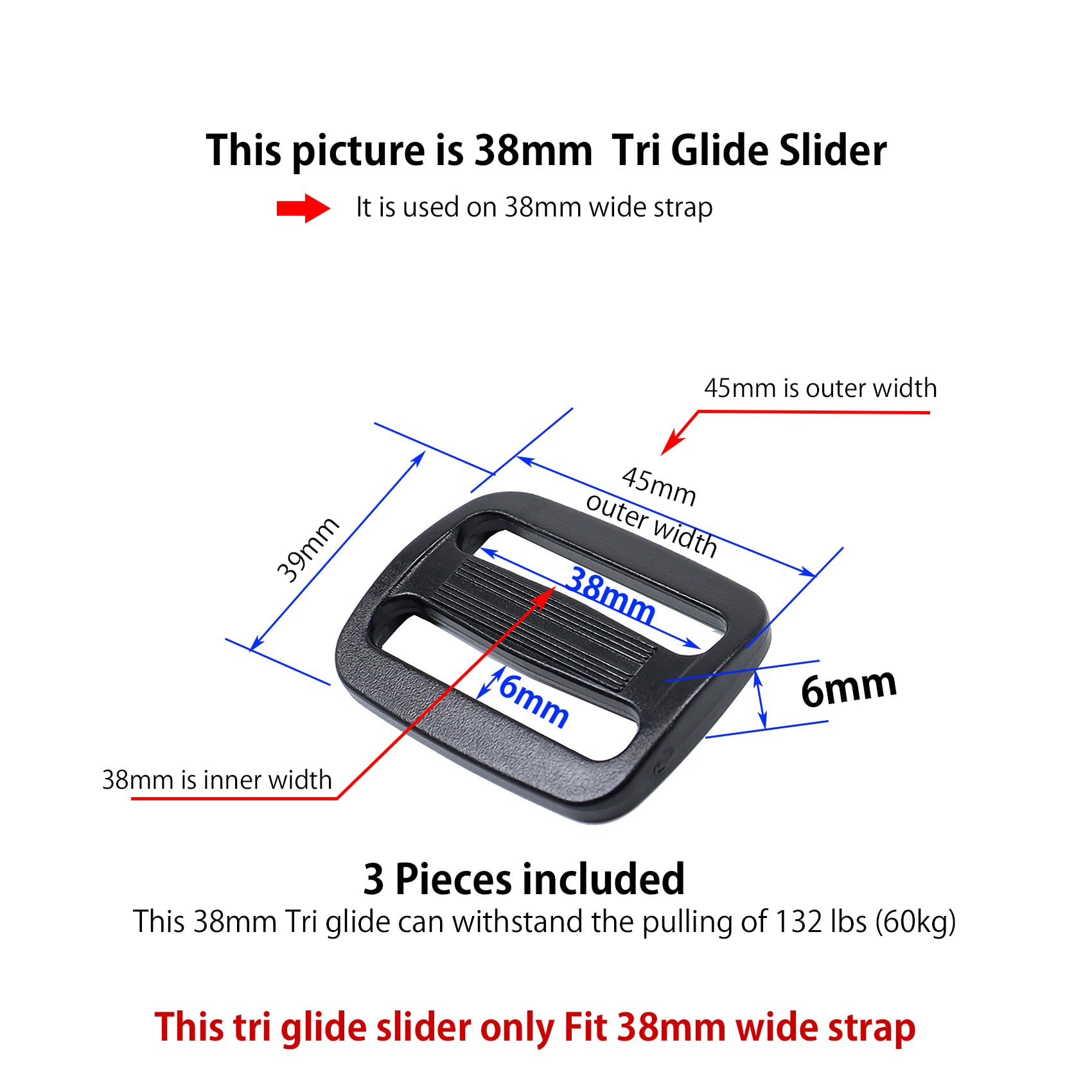 Ahijklmn Plastic Buckles,Plastic Side Release Buckle clips + Tri Glide Slides Heavy Duty Replacement Buckle Clips Snap Sliders for Backpack (38mm - Image 4