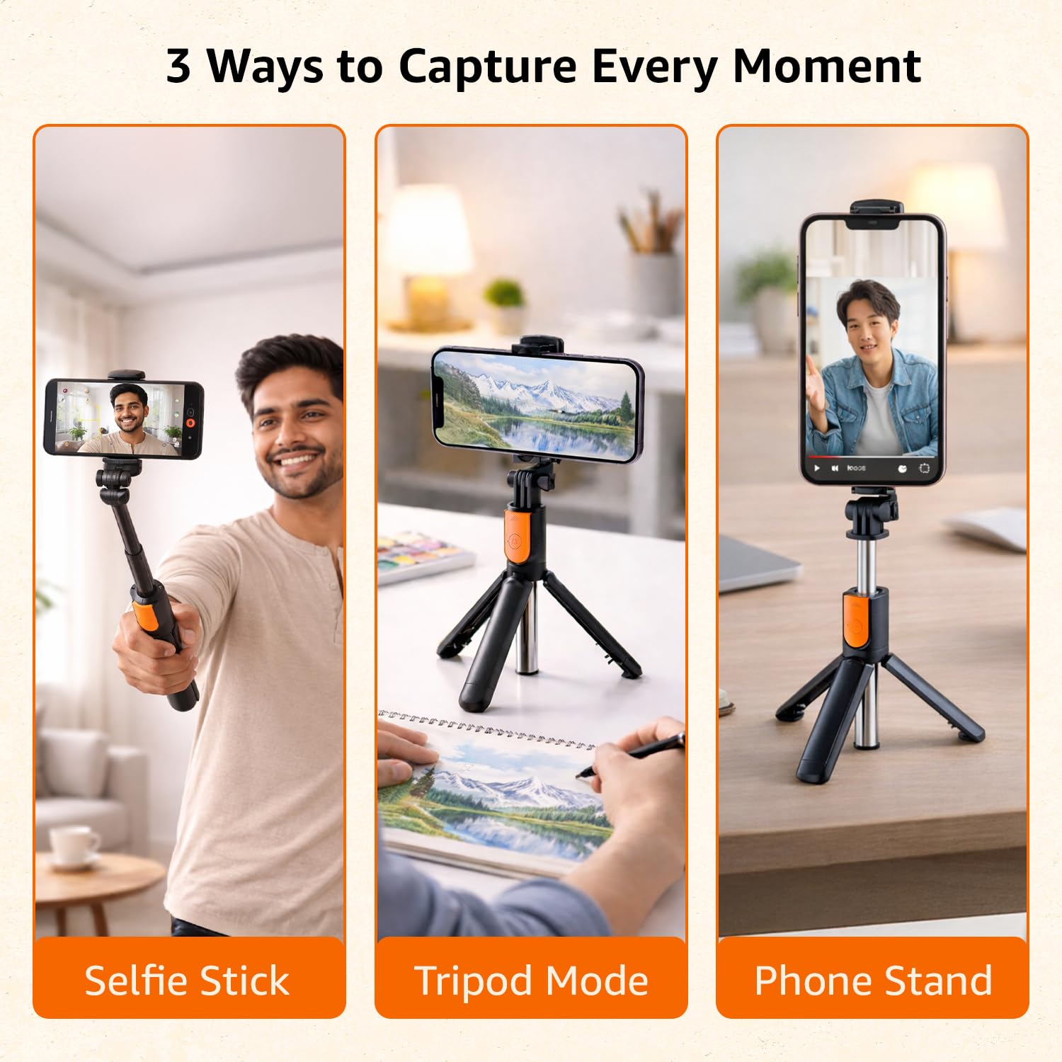 amazon basics Bluetooth-Enabled Extendable Selfie Stick/Tripod with Wireless Remote, 360-Degree Adjustable, Compatible with iPhone and Android Smart Phones (Black) 1