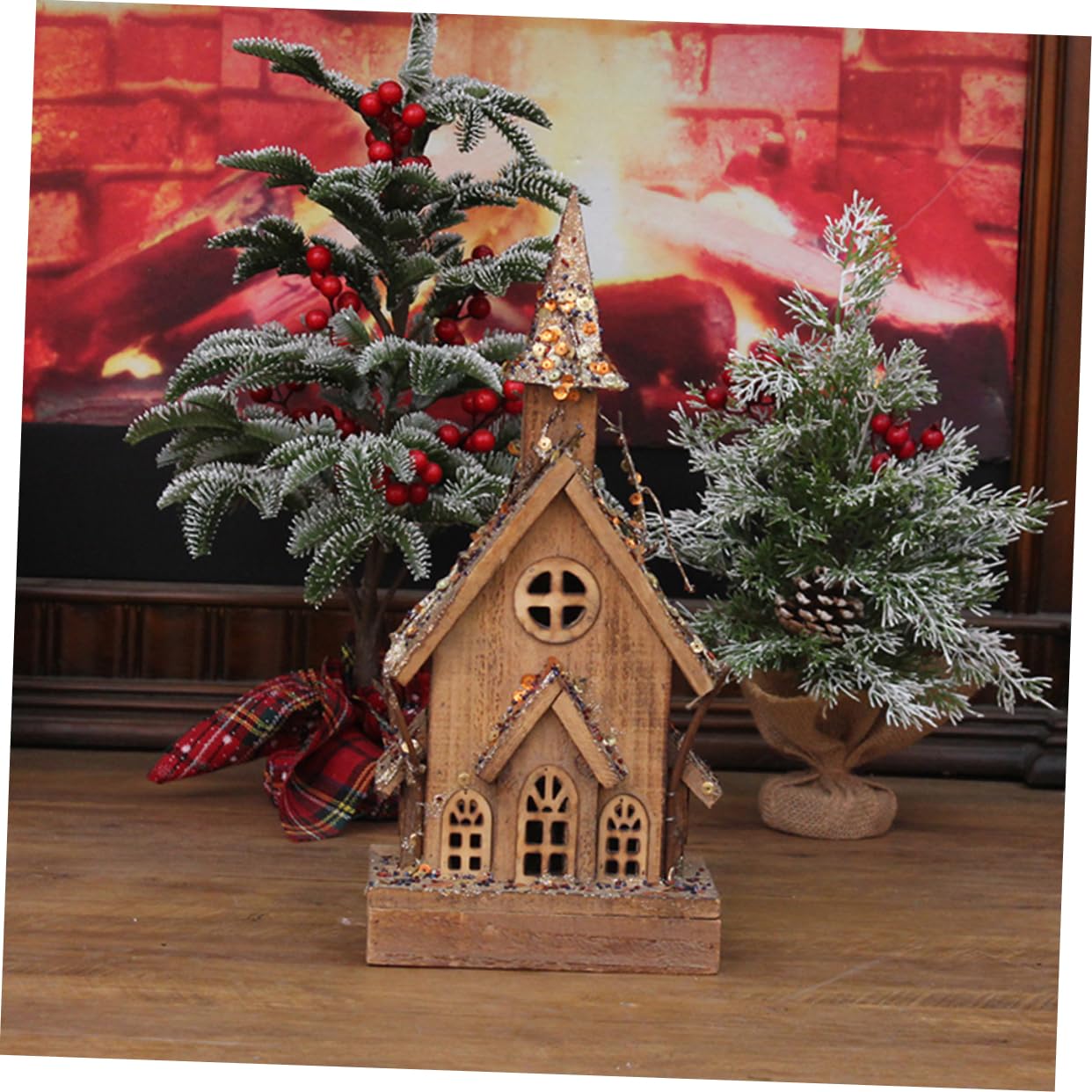 PRETYZOOM 1pc Wooden Luminous Cabin Christmas Decor Village House Xmas Adornment Holiday Decorative House Craft
