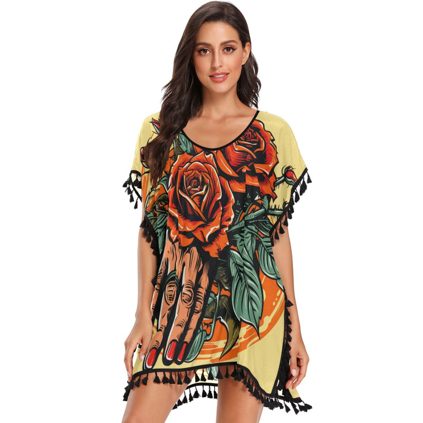 Red Rose Hand Yellow Art Women's Beach Cover Up Chiffon Tassel Swimwear Swimsuit Coverups for Girl