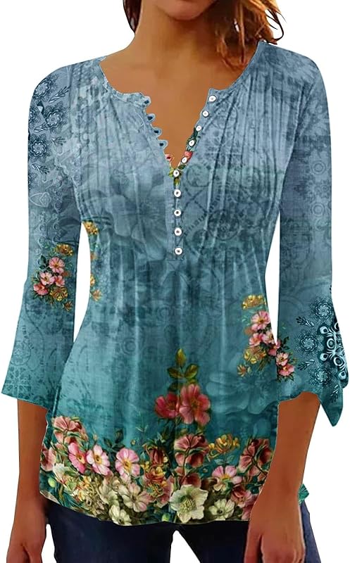 T-Shirt Manches Cloche pour Femmes, col en V, plissé, Couleur Unie, Boutons, Printemps et été Haut De Chemise Tee Shirt Femmes Manches Longues