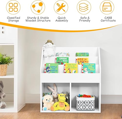 Miniatura 5 de KOTEK Estantería para niños con organizador de almacenamiento de juguetes, estantería para niños con estante de libros de 3 niveles y 2 cubos