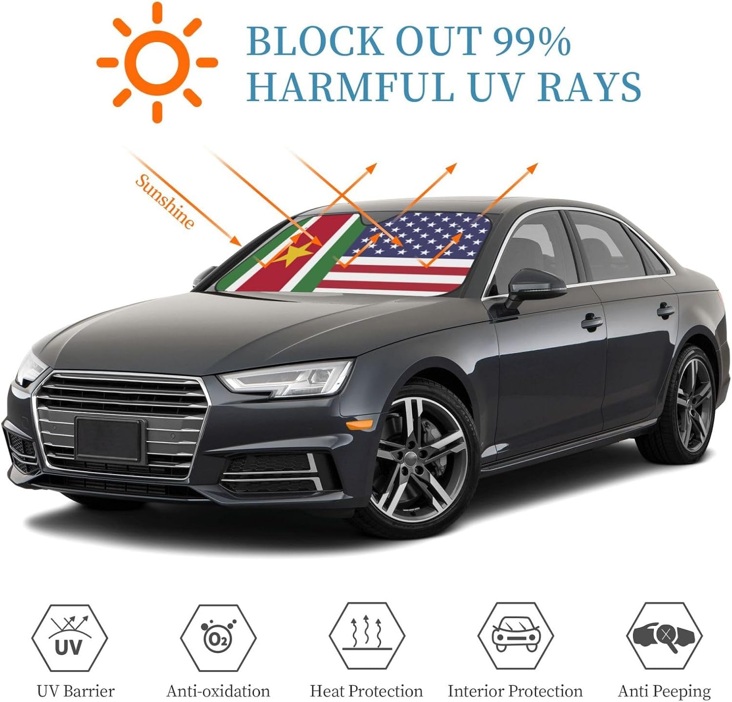 America Suriname Friendship Flag Foldable Car Windshield Sunshade Blocks Heat and Sun Glare Uv Rays
