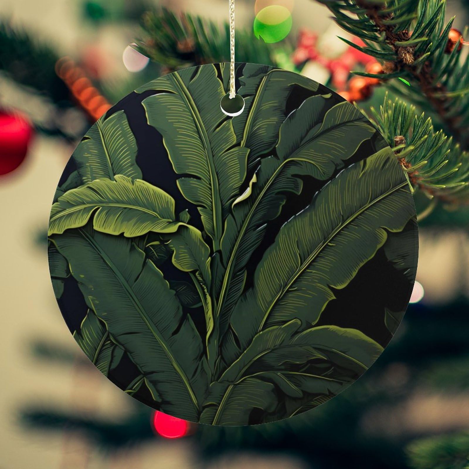 Banana Leaf Black Christmas Ornament for Christmas Tree Ceramic Round Ornament Winter Holiday Keepsake Gift 2.7" Christmas Tree Hanging Decorations Circle Ceramic Pendant Xmas Gift