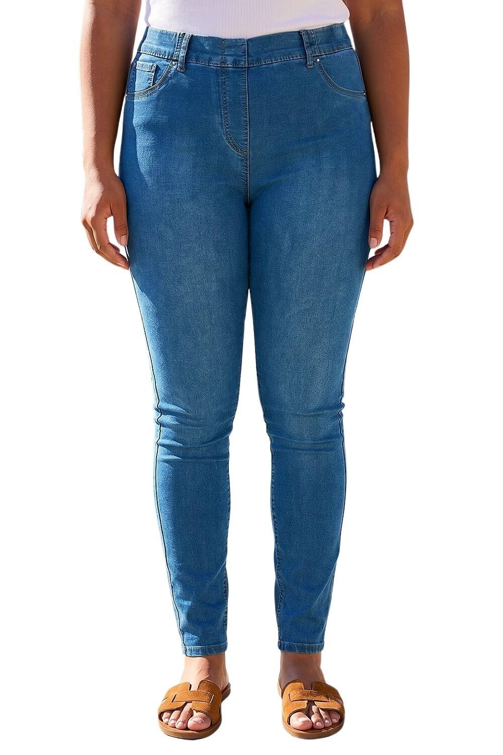 Roman Women's Mid Blue Curve Stretch Denim Elastic Waist Jegging In Size 20