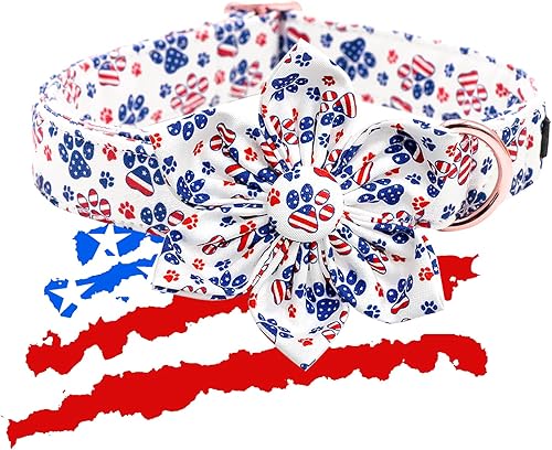 Miniatura 3 de Lionheart glory Collar de perro con bandera estadounidense, collar de flores para perro del 4 de julio, resistente y ajustable, patriótico con flor