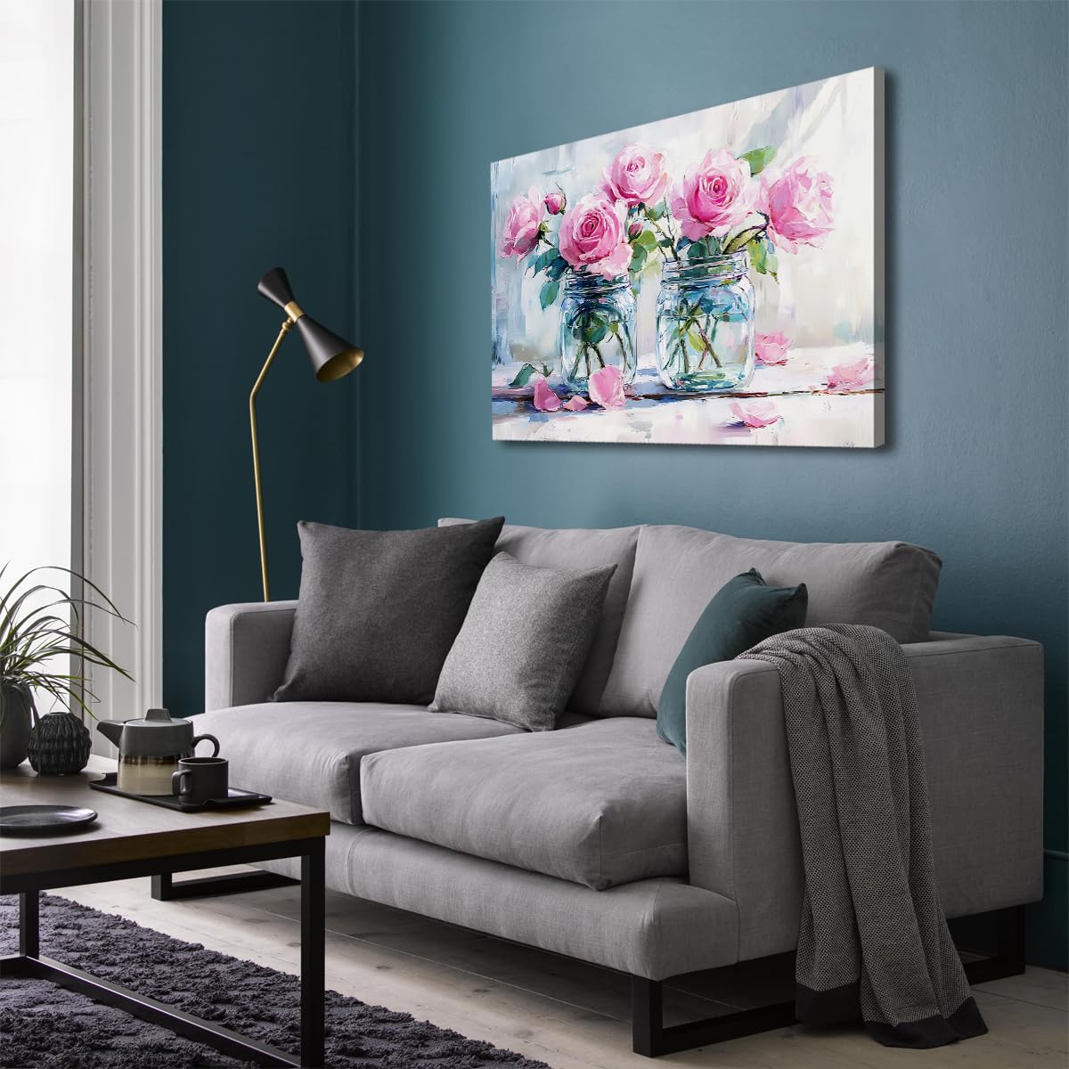 CHERHERART Wandkunst fürs Wohnzimmer Rosa Rosen Einmachgläser Bilder Wanddekoration Moderne Frühlingsblumen-Leinwandmalerei Romantisch-Chic Wohndeko 40x50 cm Innenrahmen