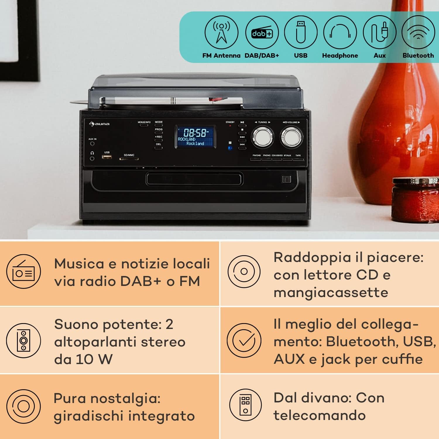 Icons representing FM antenna, DAB+ radio, USB, Headphone, Aux, and Bluetooth connectivity