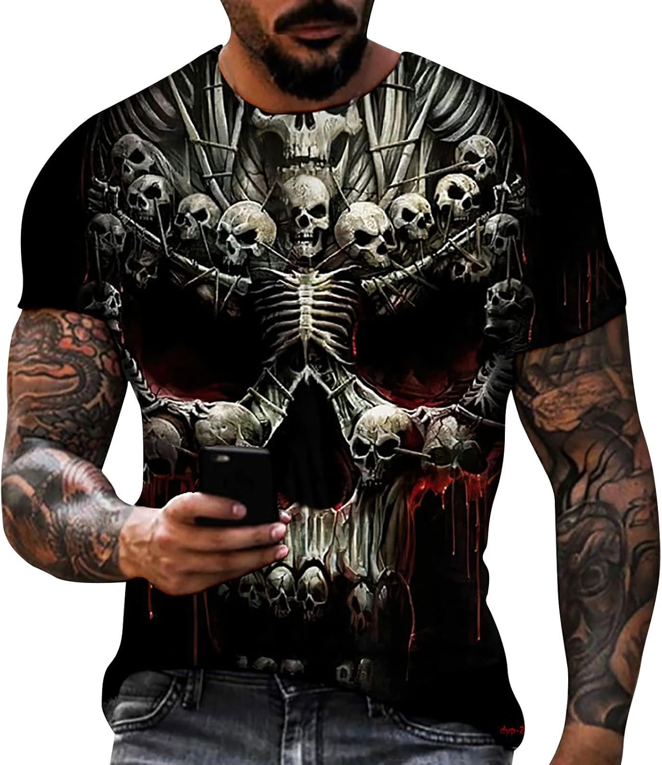 T-shirt Pour Homme - Imprimé Tête De Mort 3D - Manches Courtes - Décontracté - Col Rond - T-shirt De Sport - Slim - Respirant - Vintage - Confortable - Rétro Gothique