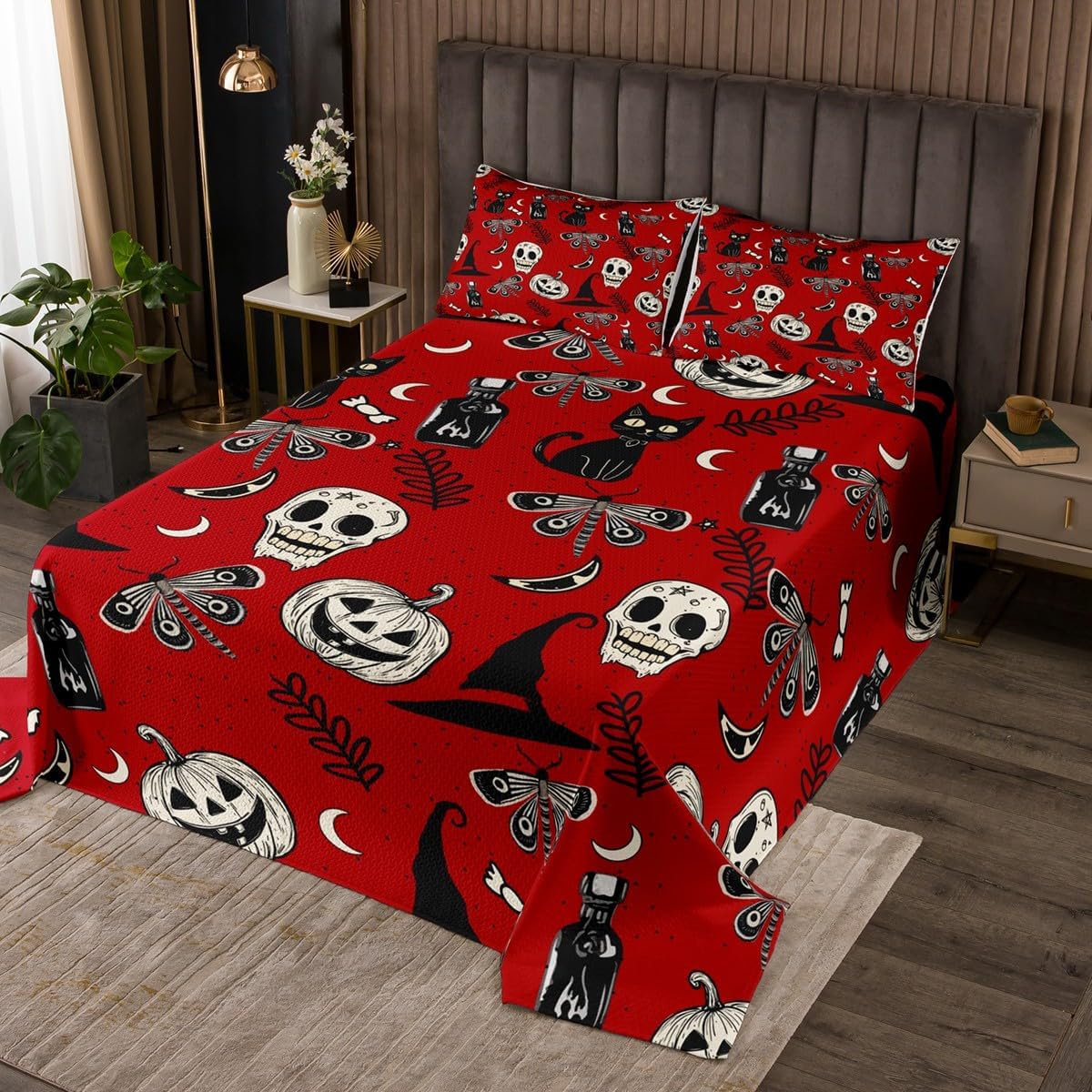 Erosebridal Gothic Bedspread Set, Antique Bone Moon Coverlet Set Queen Pumpkin Lantern Dead Moth Quilted, Tribe Witch Hat Bohemian Style Decor, Horror Halloween Decorations Indoor