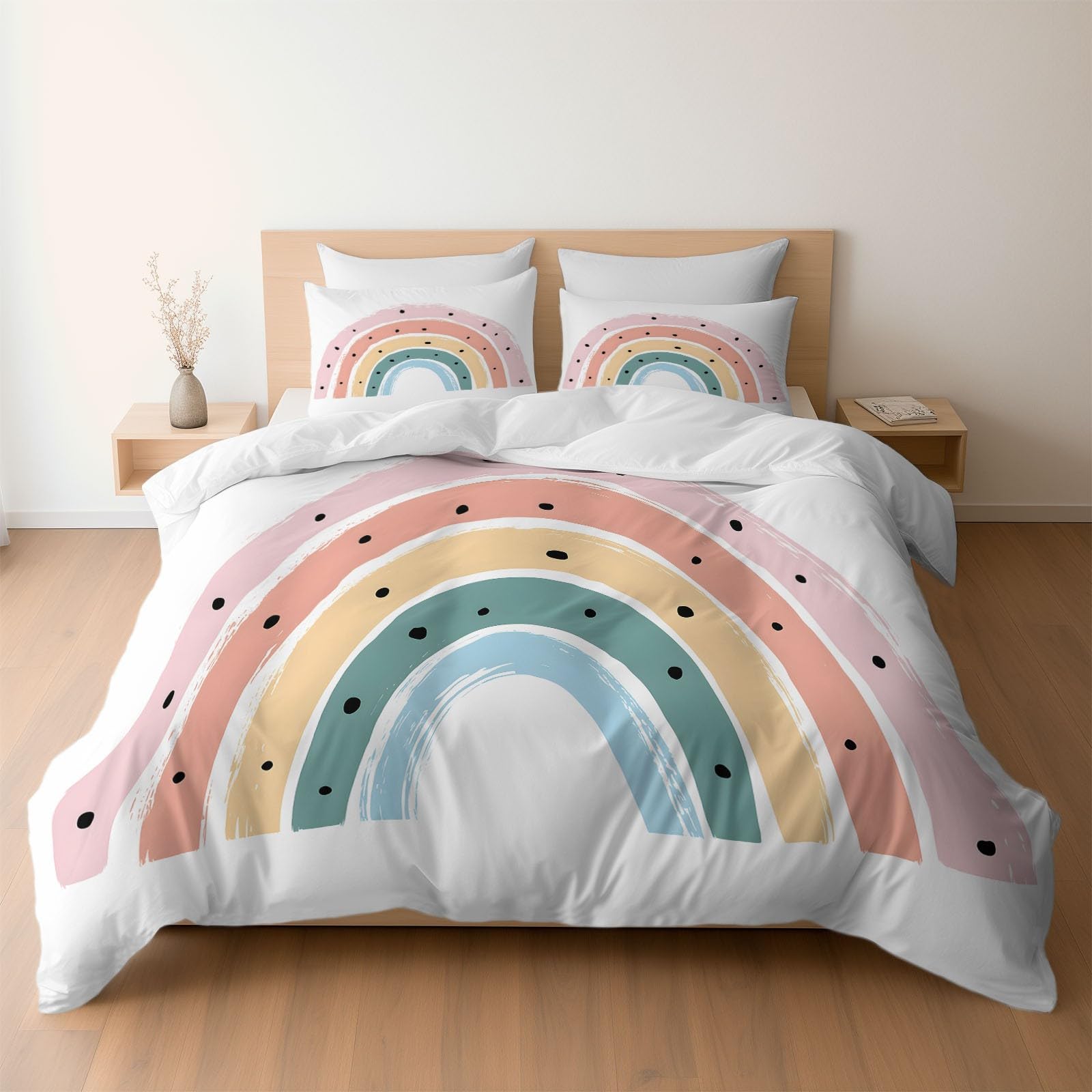 Schlicht Regenbogen Geometrische Textur 3-teiliges Bettwäsche-Set, 1 Bettbezug 180 x 200 cm und 2 Kissenbezüge 80 x 80 cm,aus bügelfreier Mikrofaser Weiß