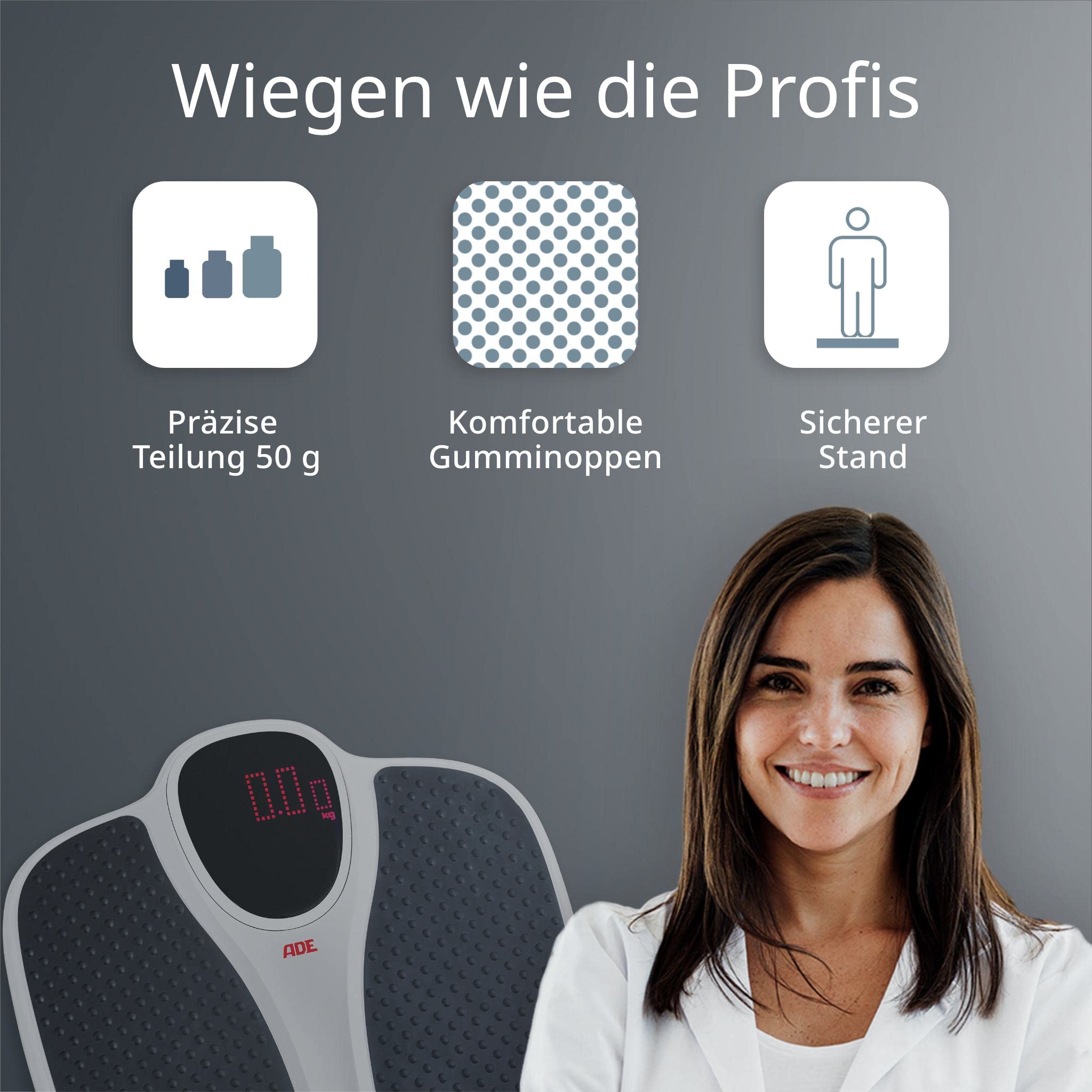 ADE Digitale Personenwaage bis 200 kg | extra breite Wiegefläche mit rutschfester Gummimatte | Badezimmer Körperwaage mit großem Display | Profi Waage mit hoher Tragkraft