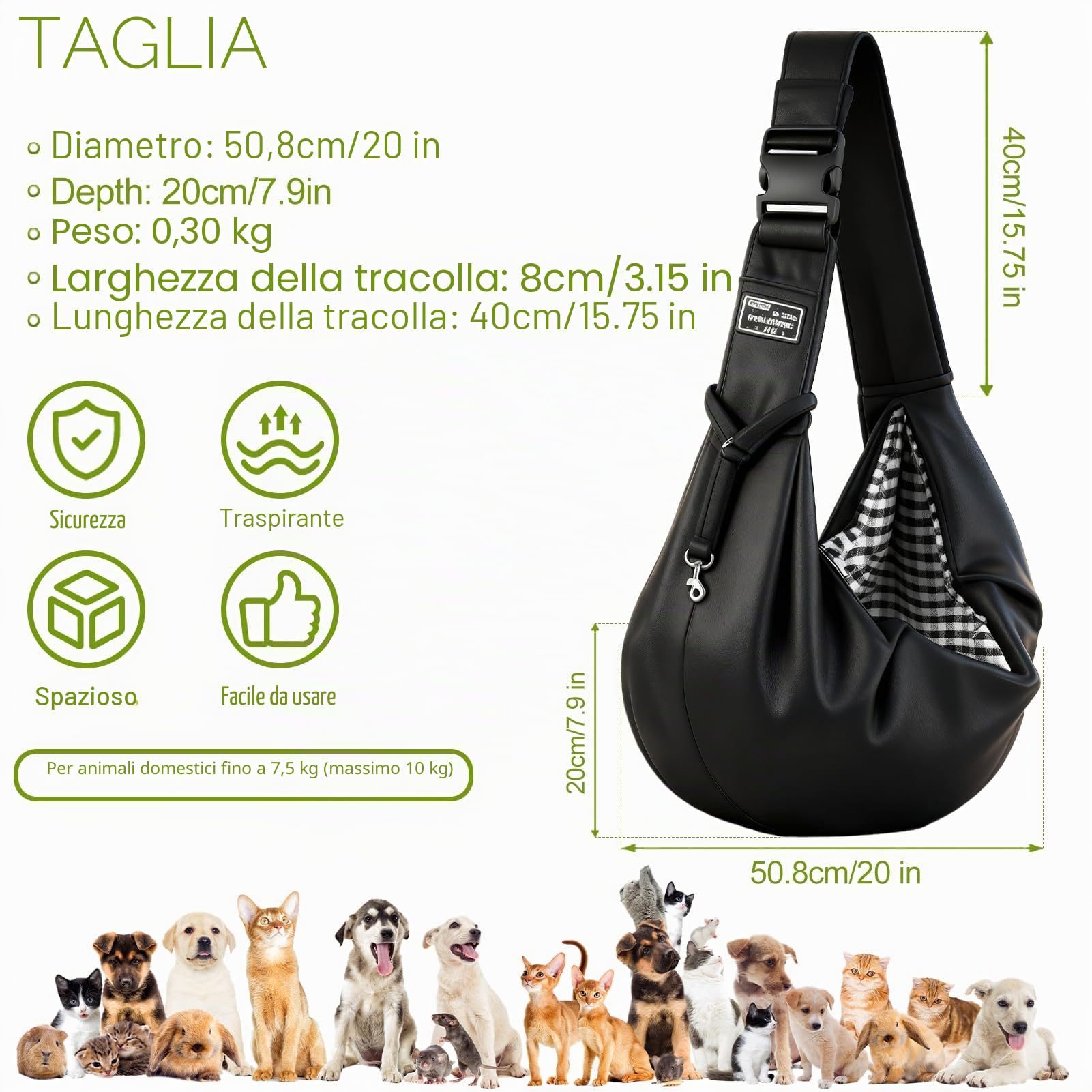 Borsa da Viaggio per Cani, Regolabile Borsa da Trasporto per Cani Piccoli, Cross-Body Pet Sling Carrier con Gancio per Cane Gatto Fino a 7.5 KG, per Viaggio, Ciclismo, Passeggiata, Nero