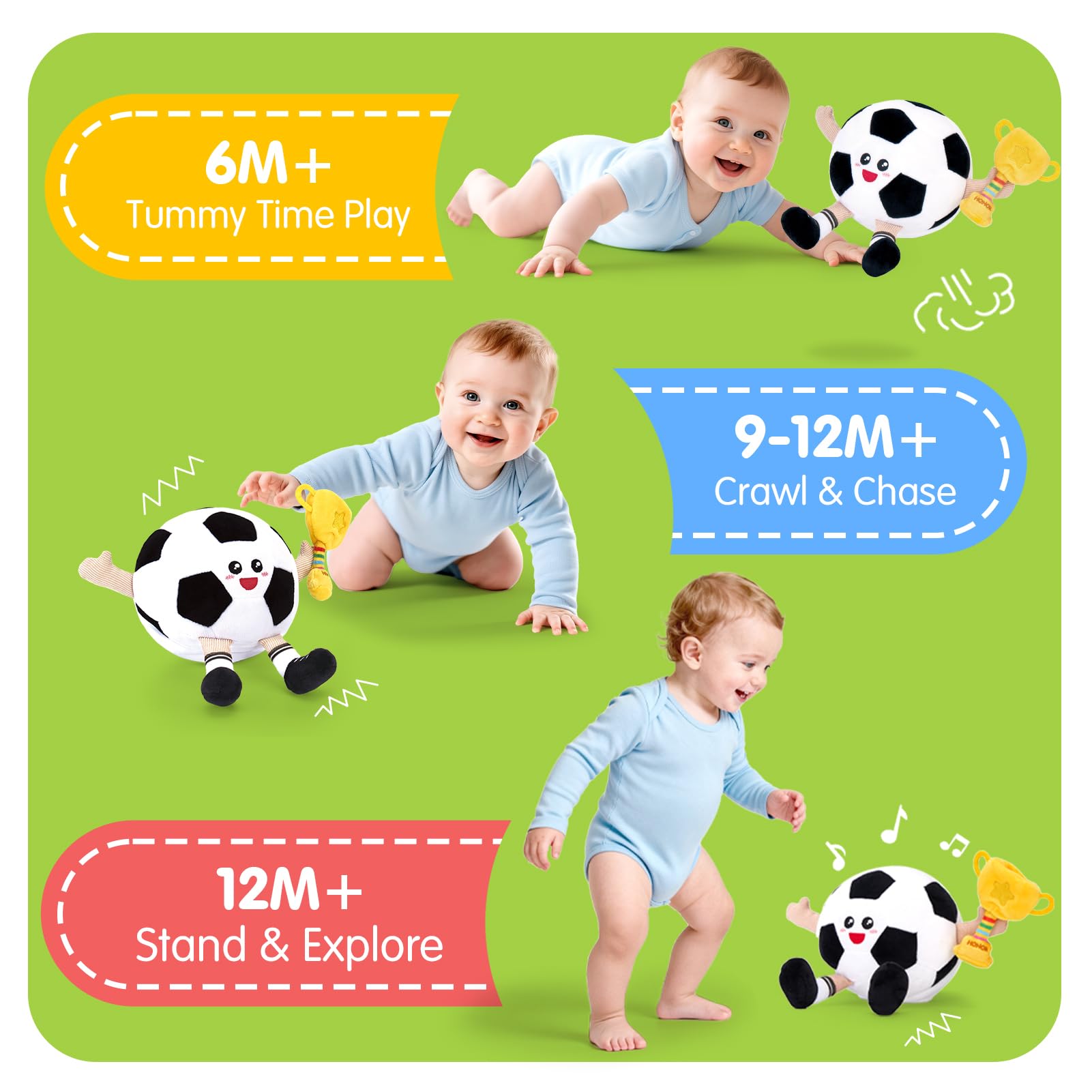 hahaland Giochi Neonato 3 6 9 Mesi, Peluche Calcio Giocattolo Interattivo con Musica e Registrazioni, Gattonare Giochi Regalo Bambini 1 Anno