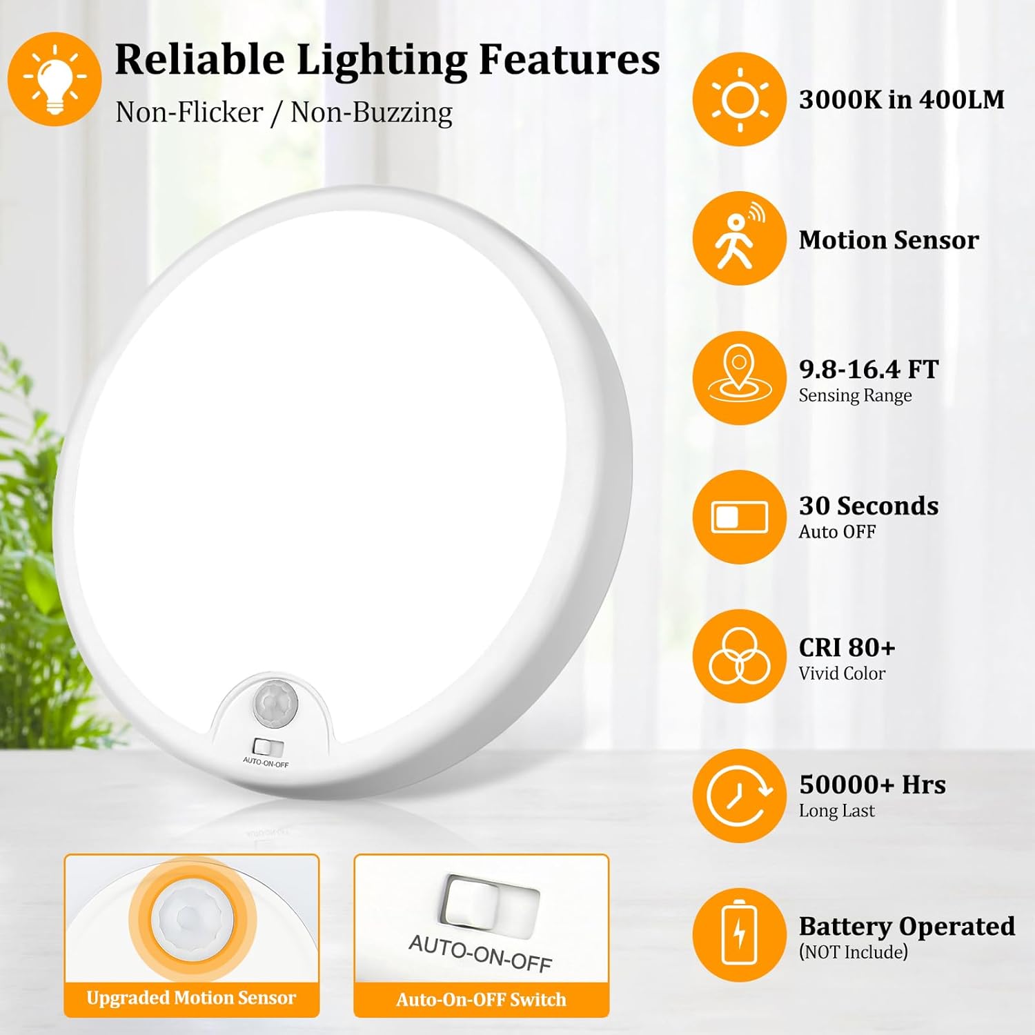 2-Pack Battery Operated Motion Sensor LED Ceiling Lights Indoor, Wireless Flush Mount Light Fixture 3000K in 400LM, Battery Powered Ceiling Lamps for Closet Pantry Laundry Stair(Battery Not Included)