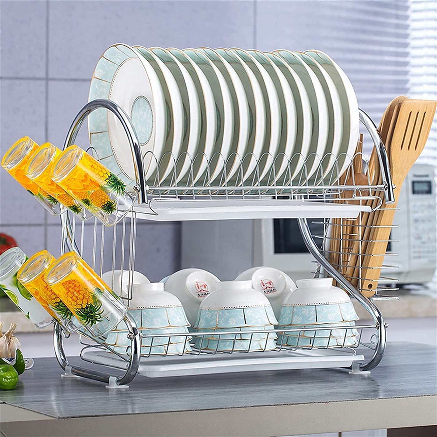 Scola Piatti 2 Tiers Dish Rack Drainer Metallo Stendino Ciotola Piatto Drenante Mensola Asciugatrice Vassoio Portapiatti Cucina Asciugastoviglie(B-White Tray)