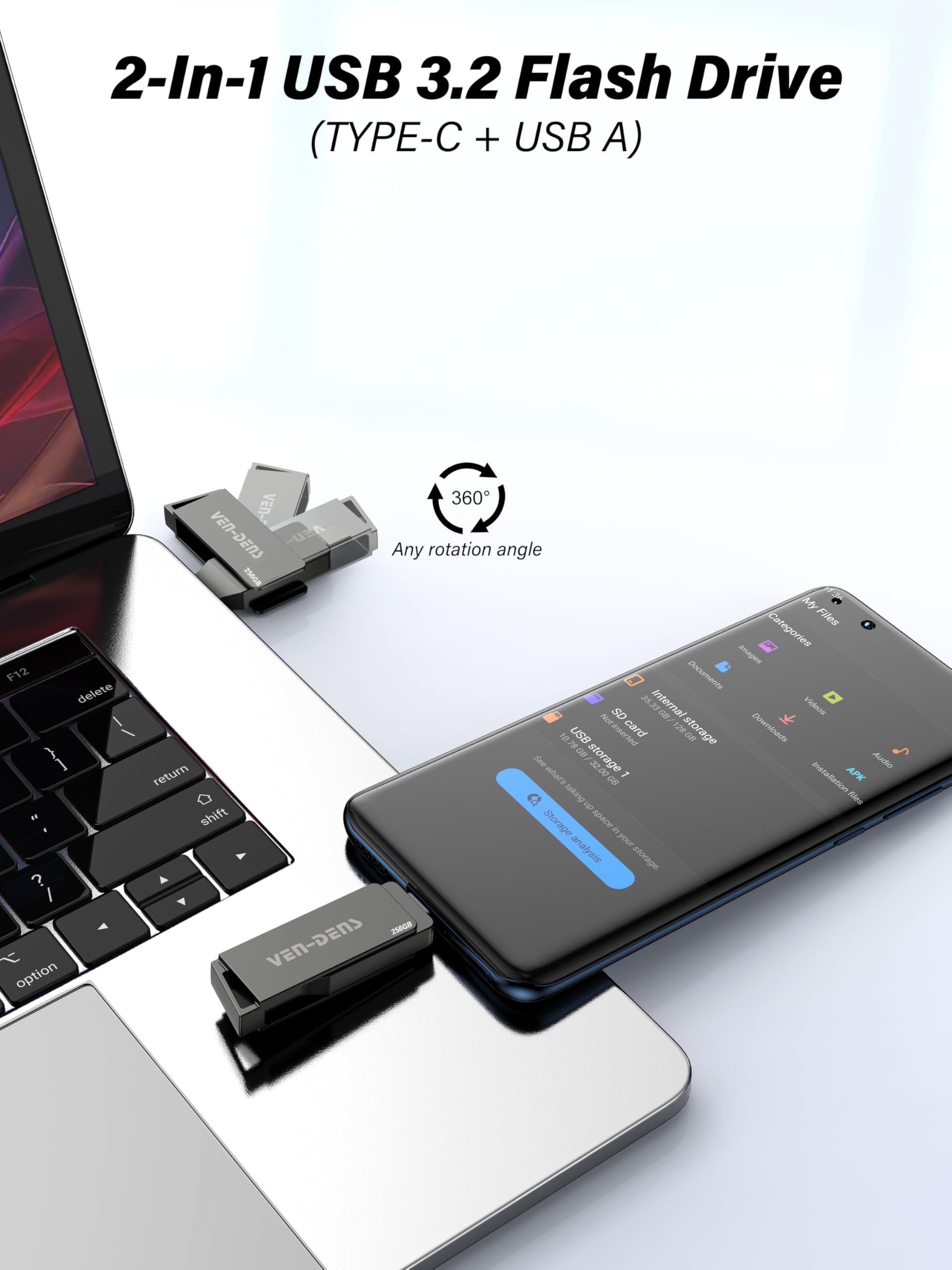 VEN-DENS Chiavetta USB 3.2 2 in 1 con doppia interfaccia di tipo C e USB-A, memoria esterna USB, in lega di zinco ad alta velocità, per Android, laptop, MacBook, Windows, smartphone e PC (256 GB)