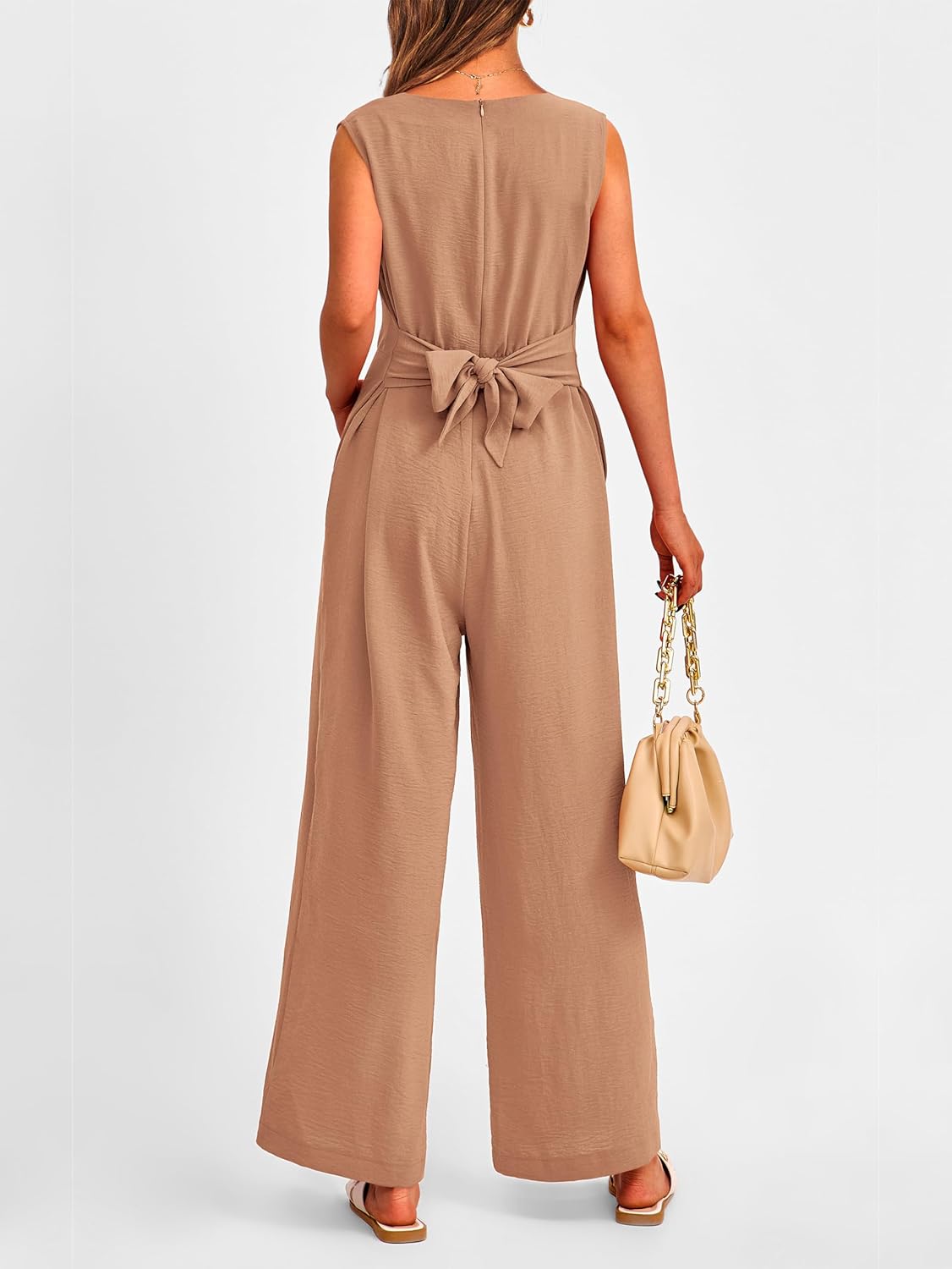 PRETTYGARDEN Summer Outfits 2025 Wide Leg Jumpsuits for Women Casual V Neck Sleeveless Belted High Waist Long Pants Rompers - Image 5