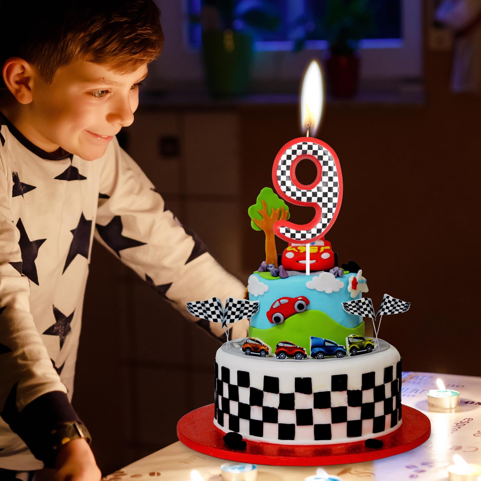 Bougie Chiffre 1 Thème Voiture De Course - Noir Et Blanc à Damier, Décoration Gâteau Anniversaire