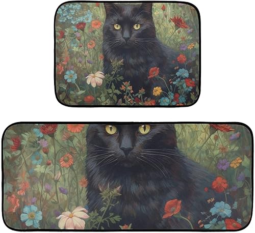 ZENWAWA Black Cat in Flowers Kitchen Mat 2 Pcs Set, Low Pile Kitchen Rugs Cushioned Water Absorbent Washable Floor Mats for Kitchen Sink Laundry Room