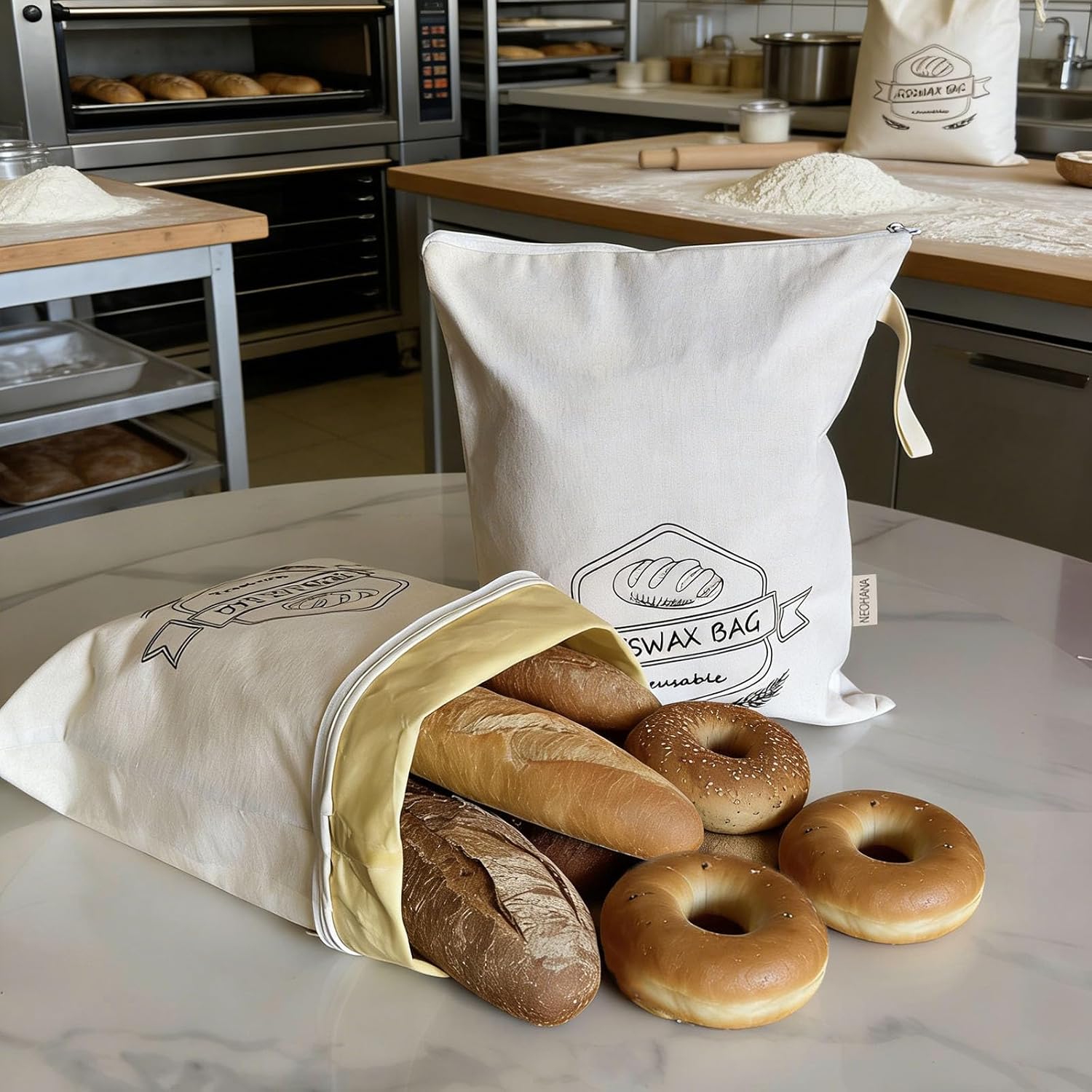 2 Pack Beeswax Bread Bags for Sourdough with Wide Zipper Access | Reusable Linen Cotton Bread Bags for Homemade Bread,Keep Loaves Fresh Longer