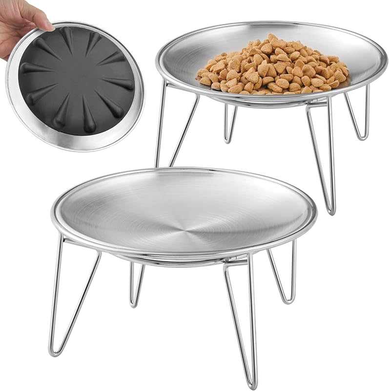 Potes Elevados para Gatos em Aço Inox 304, Tigelas Rasas e Largas com Base Antiderrapante WROSWT, Pacote com 2