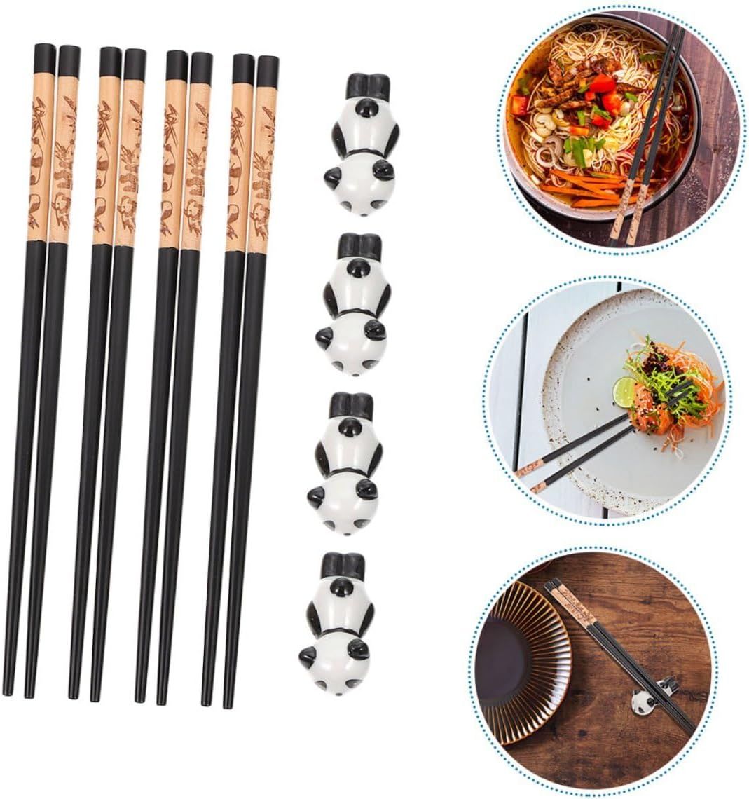 Reusable Wooden Chopsticks Set 12pcs with Ceramic Chopsticks Rest Panda Design Dishwasher Safe Dining Flatware Box for Home and Travel
