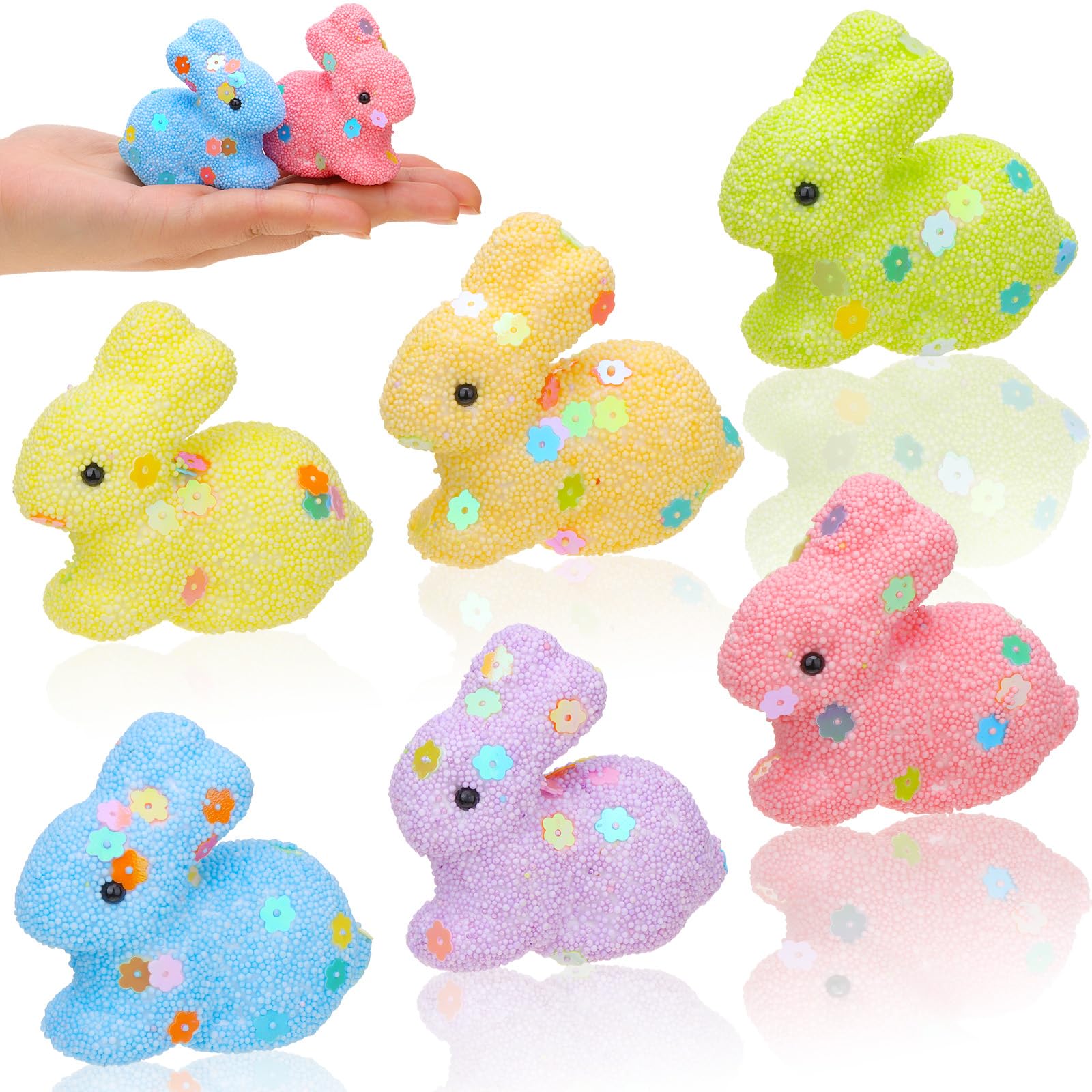 BVREUG 6 Pcs Easter Mini Flocked Bunny Furry Foam Rabbit Toy Small Rabbit Figurines for Easter Decorations Easter Basket Fillers Spring Home Arrangements and Party Favor Supplies