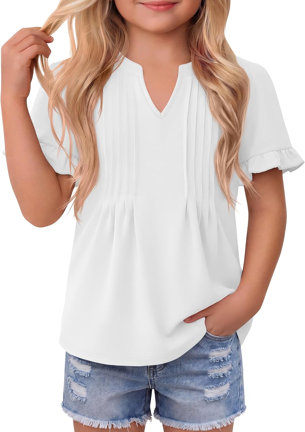 Ficerd Toddler Girls Ruffle Puff Sleeve Blouse V Neck Pleated Short Sleeve Tunic Top Baby Girls Summer Casual Shirt 18M-5T
