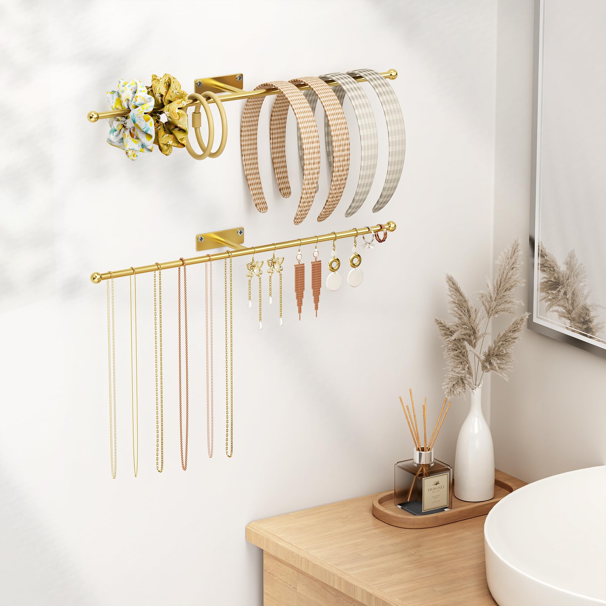 Josmimic Organisateur de bijoux mural : support de collier de 35 cm pour boucles d'oreilles, bracelets, bagues, bandeaux, lunettes, doré, lot de 2, vis incluses