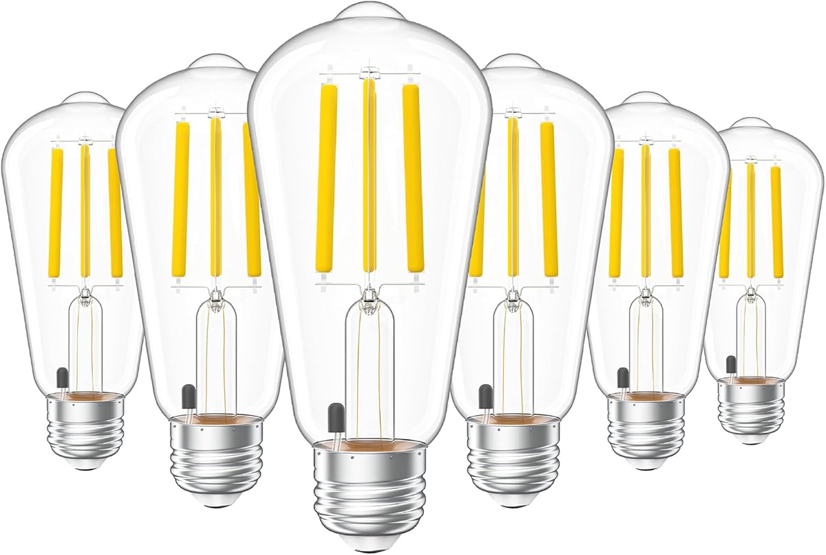 Sunco 6 Pack ST58 Filament LED Edison Bulbs, E26, Dusk to Dawn, 7W=75W | 850LM, 4000K Cool White, Clear Glass Bulb, Non-Dimmable, Indoor Lighting, (ST18), Filament, Vintage Lamp Bulb, 120V