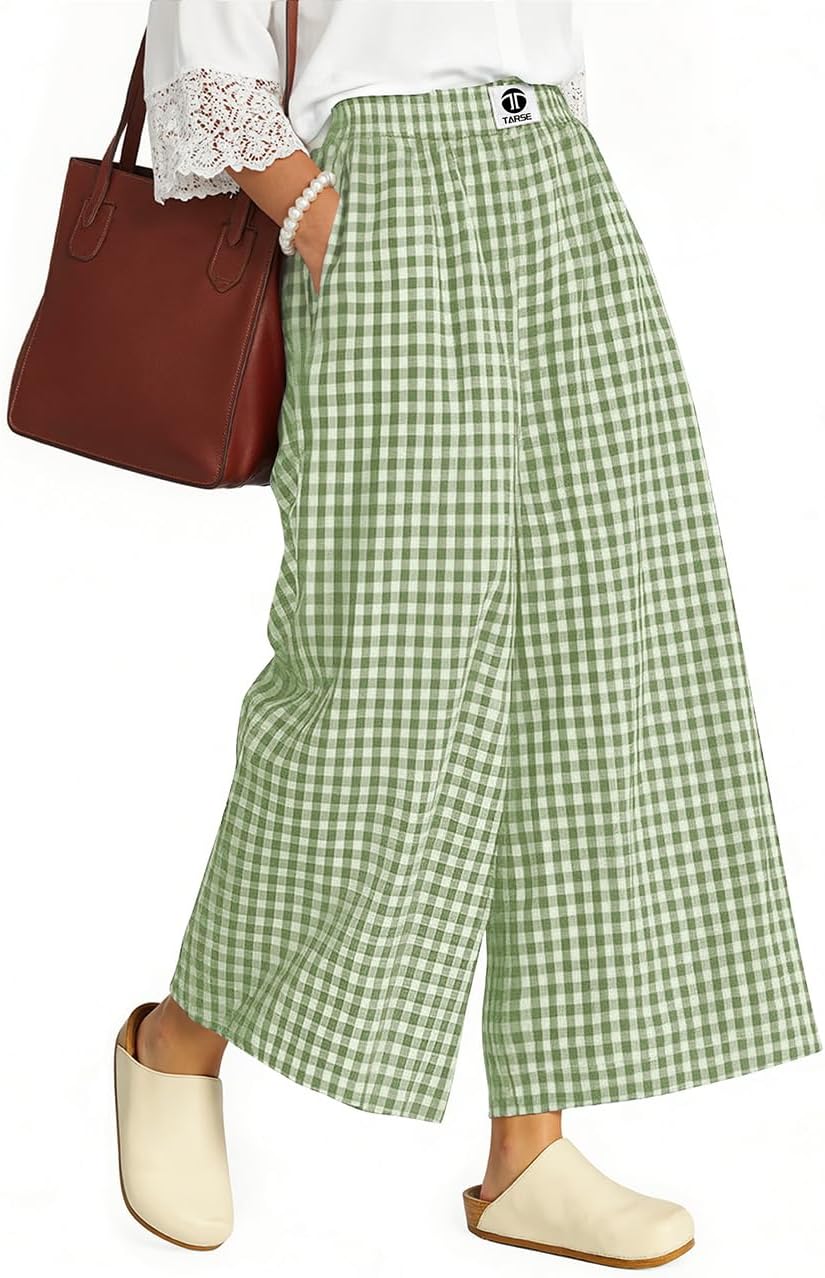 TARSE Womens Gingham Wide Leg Cropped Pants Casual Loose Plaid Culottes Elastic Waist Palazzo Pants with Pockets