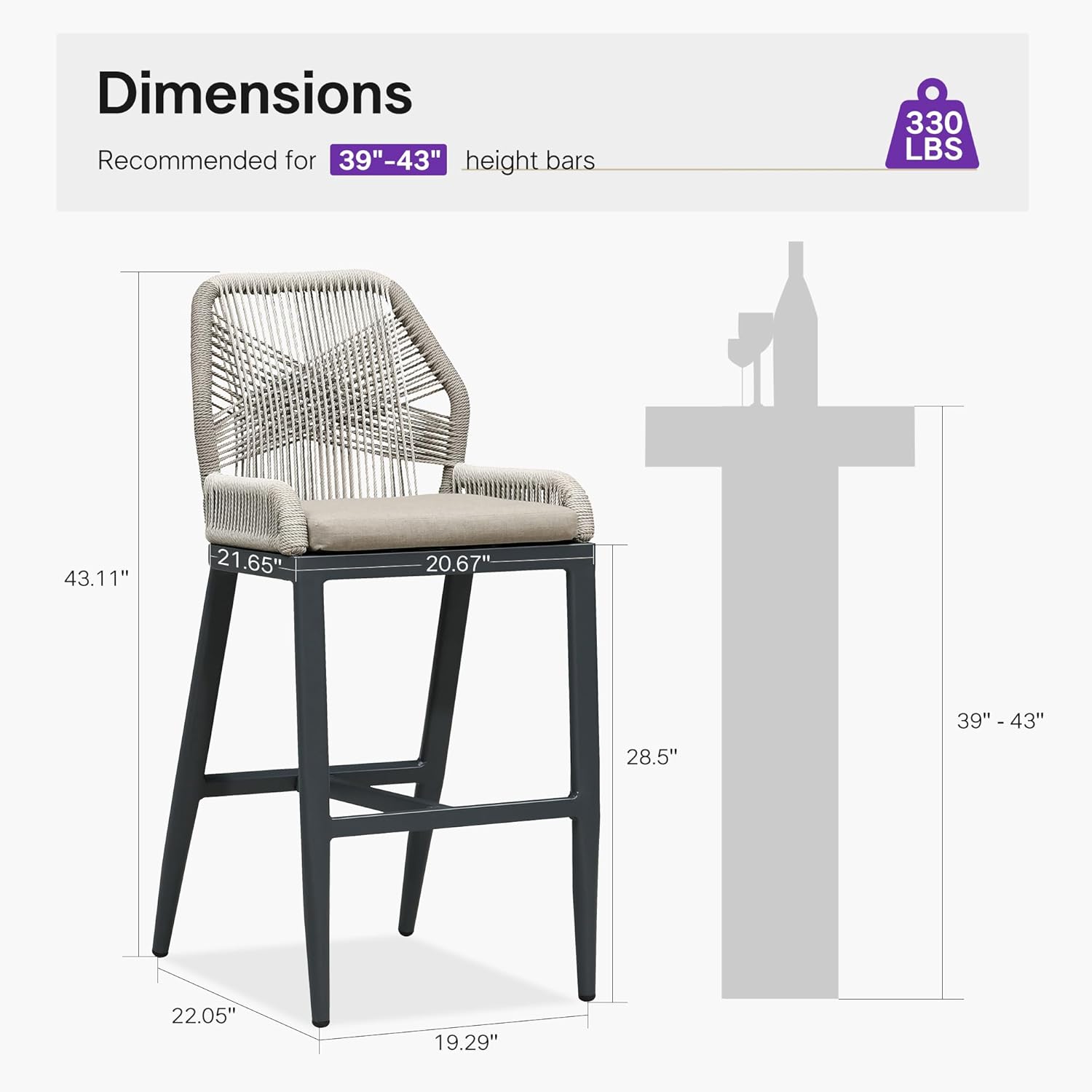 PURPLE LEAF Patio Sunbrella Bar Stools 28" H Set of 2 Handwoven Wicker Bar Height Stool Modern Aluminum High Bar Chairs Outdoor Wicker Barstools with Back and Cushion for Kitchen Pool Island