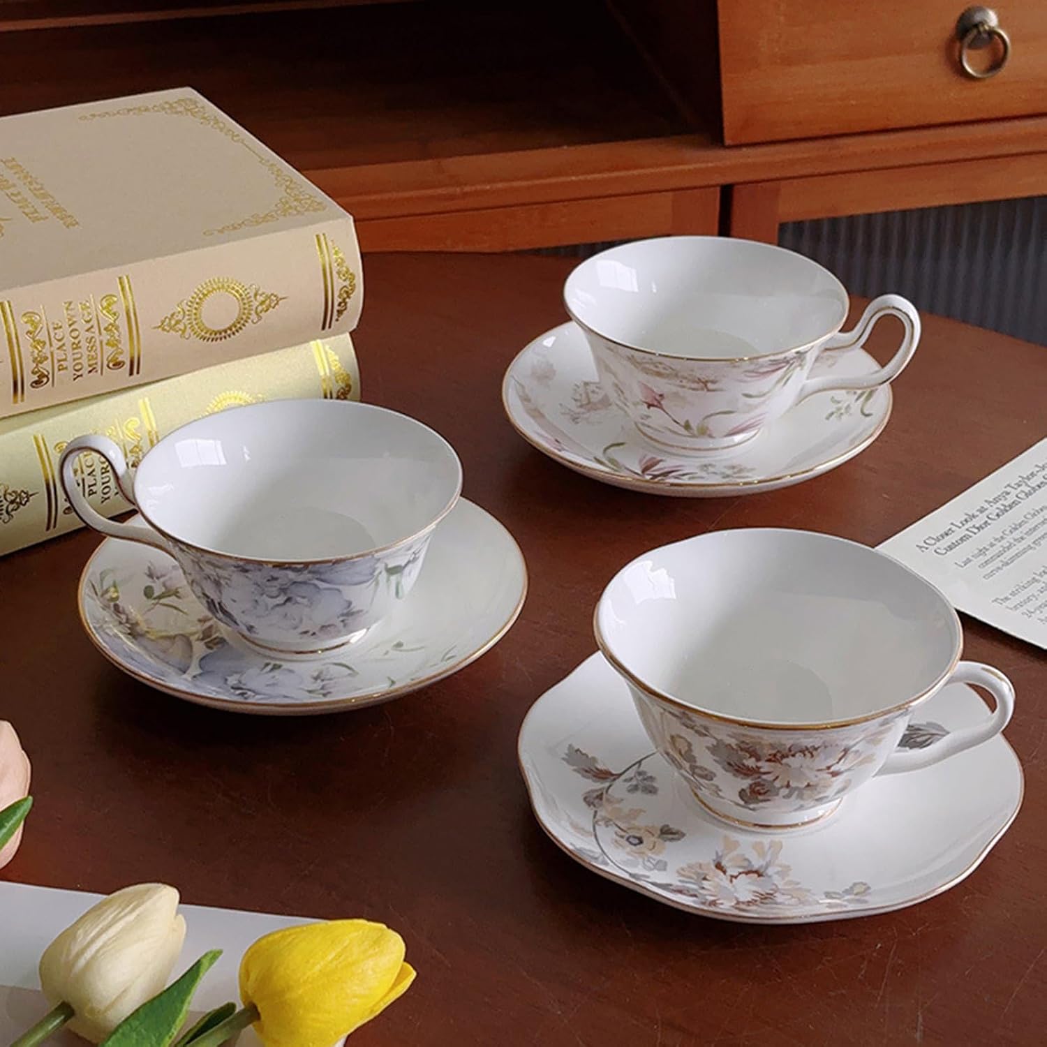 fanquare 8 oz Vintage Yellow Peony Porcelain Tea Cup and Saucer Set