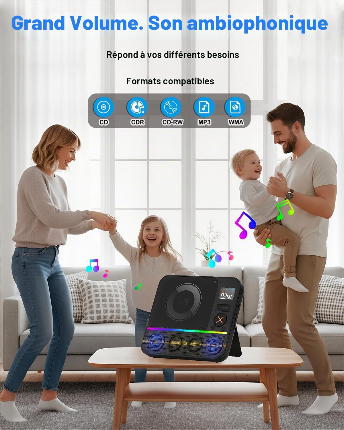 Lecteur CD Portable Bluetooth, Boombox Lecteur CD de Bureau avec Radio FM Bluetooth et écran LED RVB Double Haut-Parleur Intégré Compatible USB/AUX pour la Maison Lecteurs CD Portable