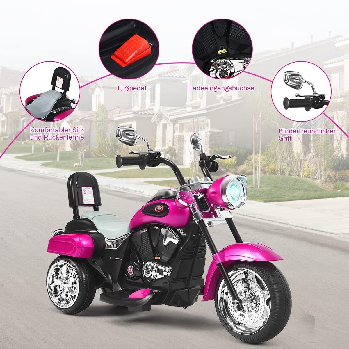 FANTASK Kinder Elektromotorrad mit verstellbarem Scheinwerfer, Dreirad Elektromotorrad mit Sound, Horn, Rückspiegel, Pedalen, Geschwindigkeit 2,5-3 km/h, Rot