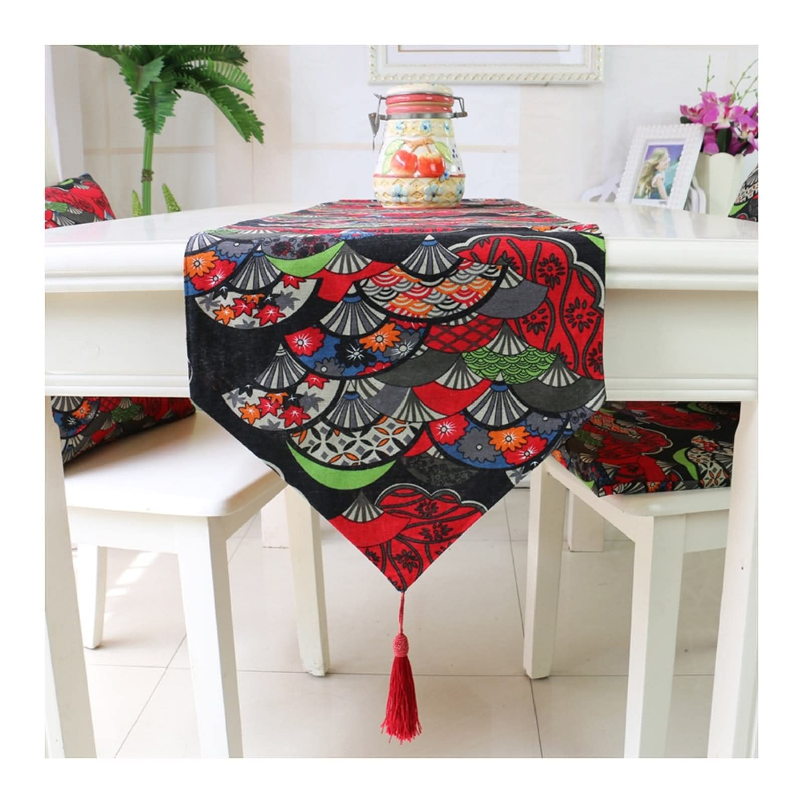Mantel Camino de Mesa, Centro de Mesa Decorativo Salon Abanico de Flores de Estilo Étnico con Borlas Rojo Sabana de Algodon 32x200CM