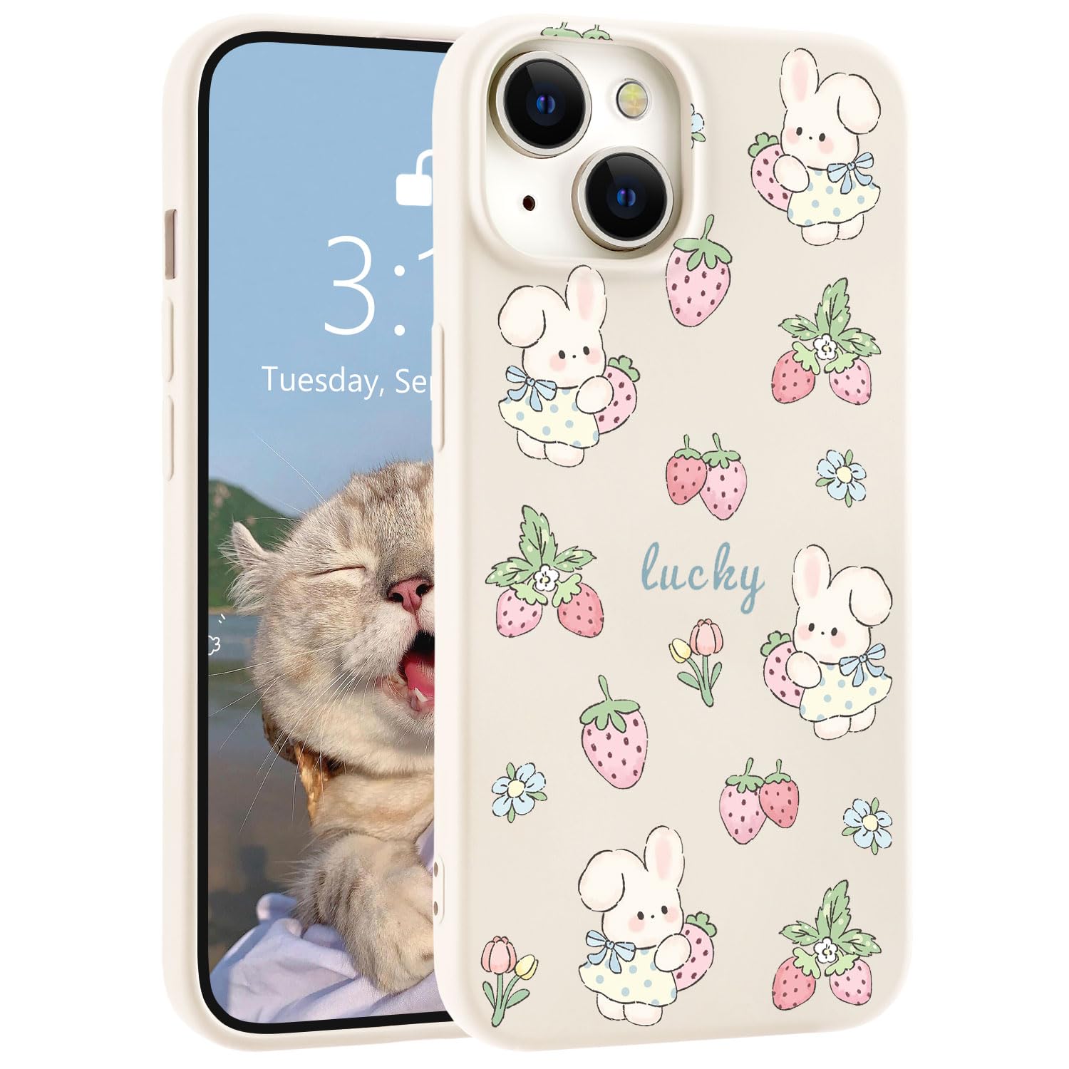 LuminousGuard for iPhone 12 Mini Case, Cute Kawaii Bunny Strawberry White Liquid Silicone Slim Fit Soft Gel Rubber Protective Phone Cover for Women