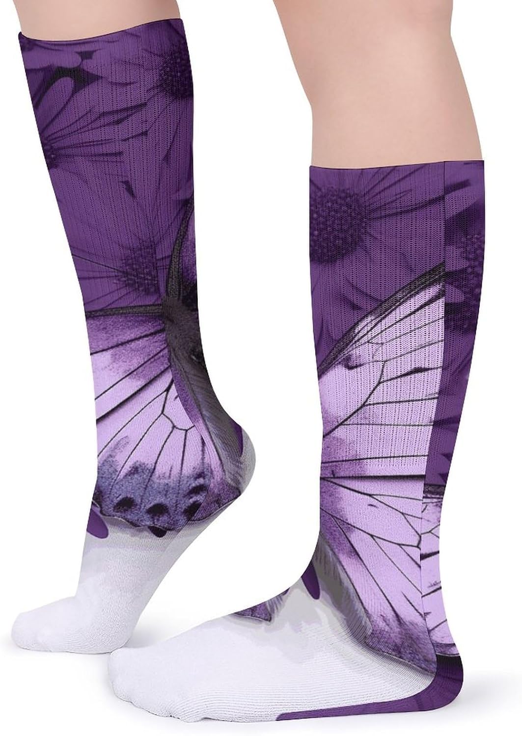 Super Value Fashion Large Chemical Fiber Men's And Women's Breathable Purple Butterfly Printed Stockings 5 Pairs of Super Soft Non-binding Moisture Wicking Christmas Socks 15.7 in