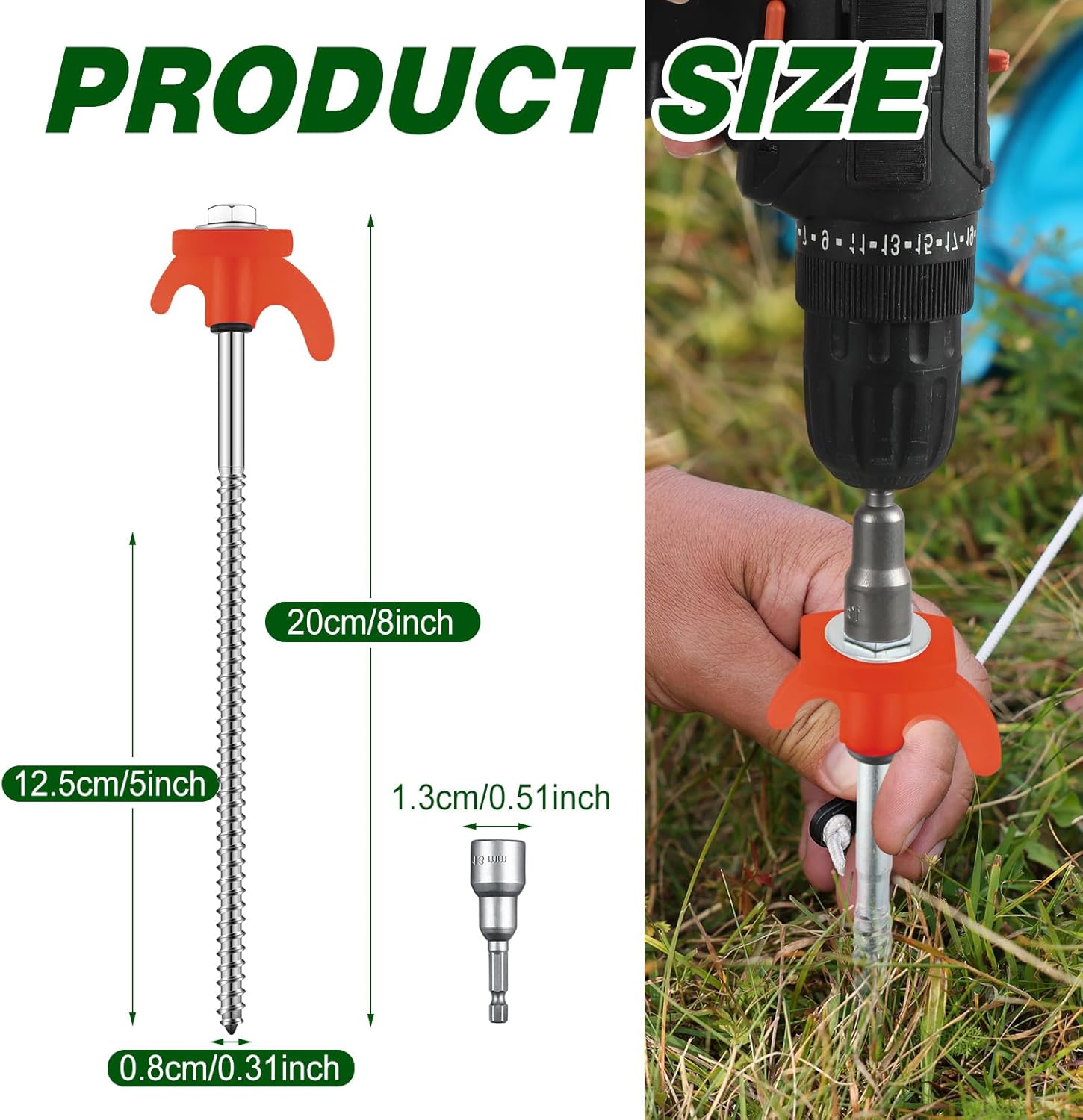 Yaocom 20 Pcs 8" Screw in Tent Stakes Heavy Duty Tent Stakes Drillable Ground Anchors Screw Metal Tent Pegs Threaded Tent Spikes with Head Driver for Swing Inflatable Decor (Orange)