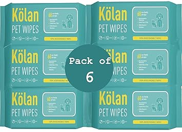 Kolan Eco-Friendly Pet Wipes 100% Biodegradable Fabric ? Fragrance Free Grooming Wet Wipes for Dog | Cat | Puppies | Rabbit | Small Pets, 60 Count, 6 Pack